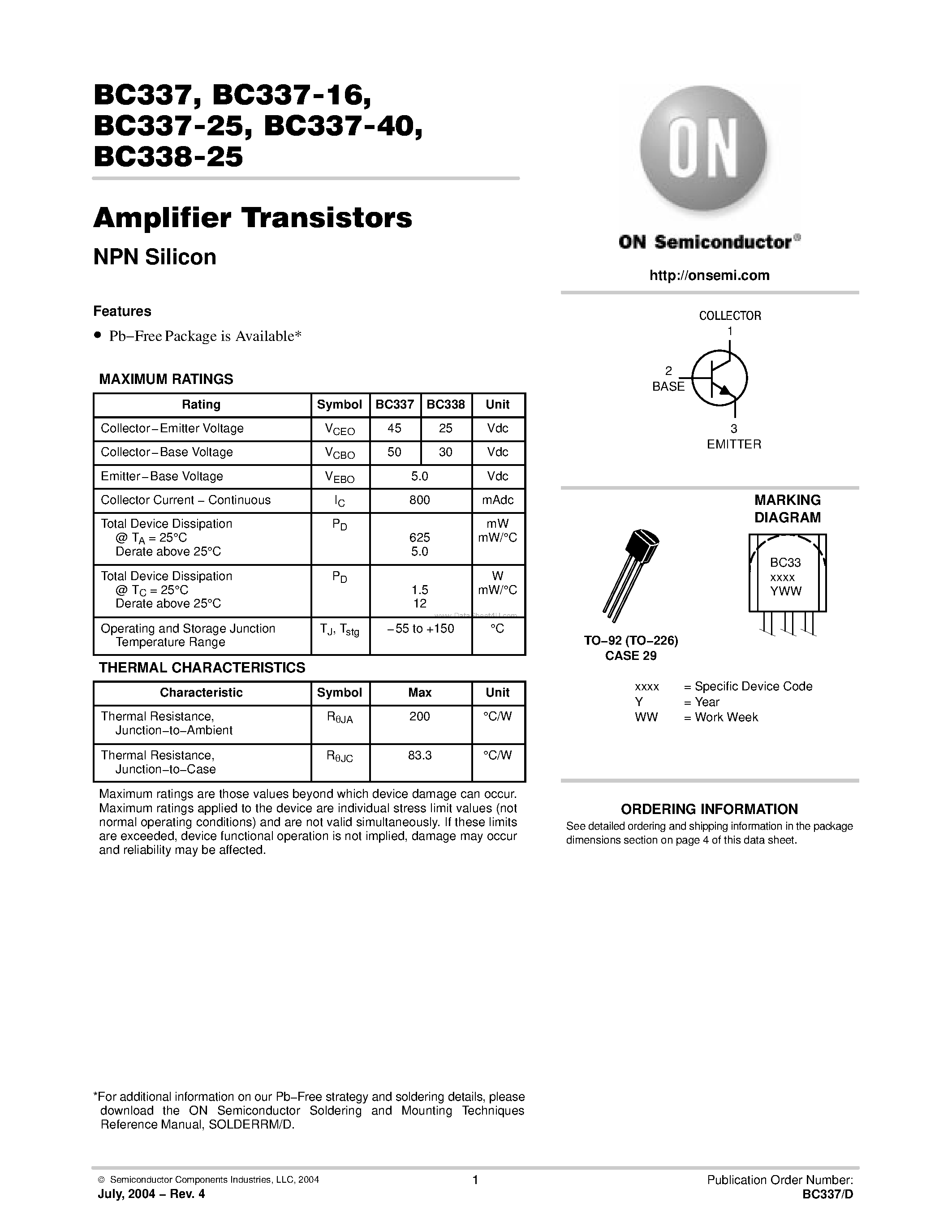 Datasheet BC338-25 - Amplifier Transistors(NPN Silicon) page 1