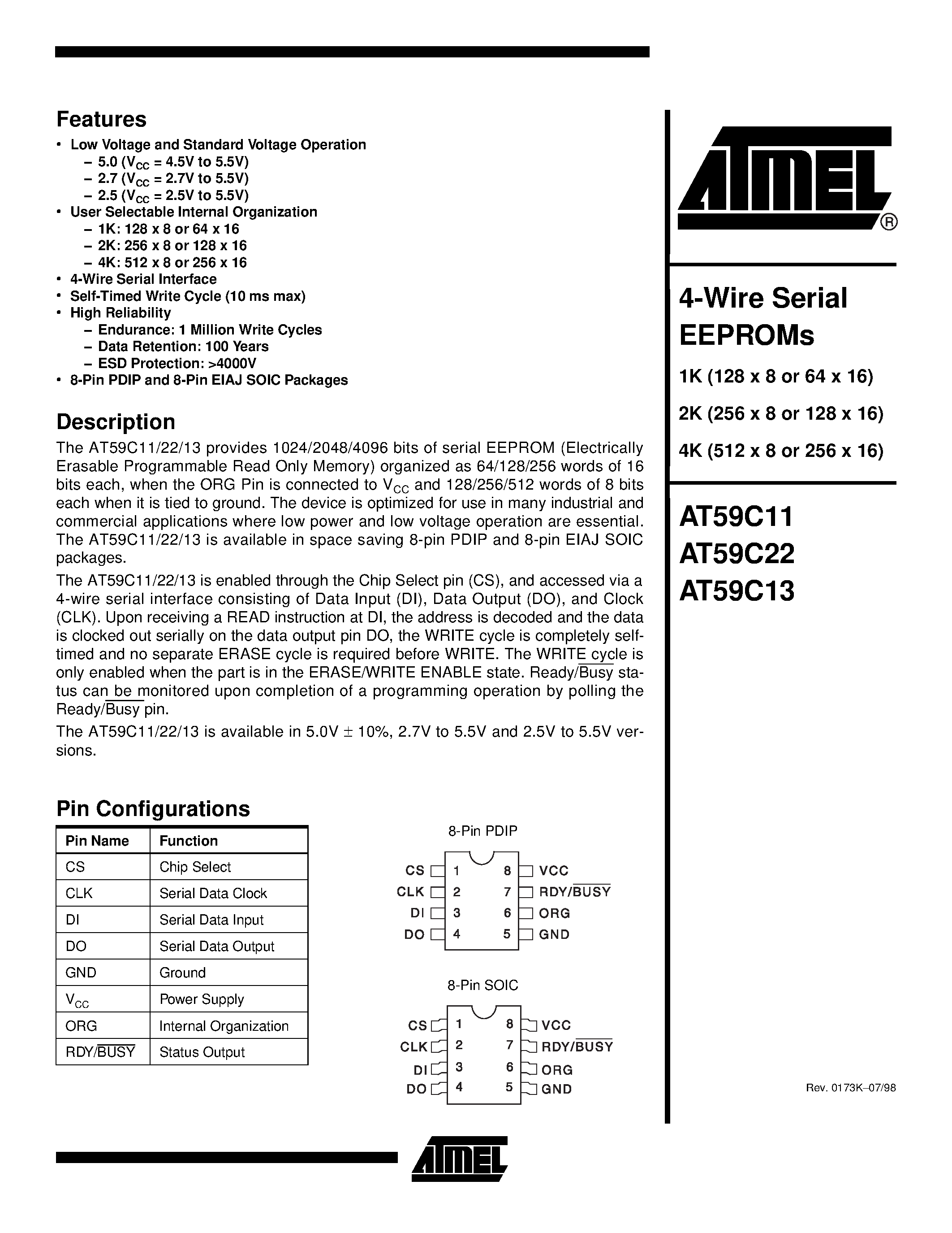 Datasheet AT59C11-10PC-2.5 - 4-Wire Serial EEPROMs page 1