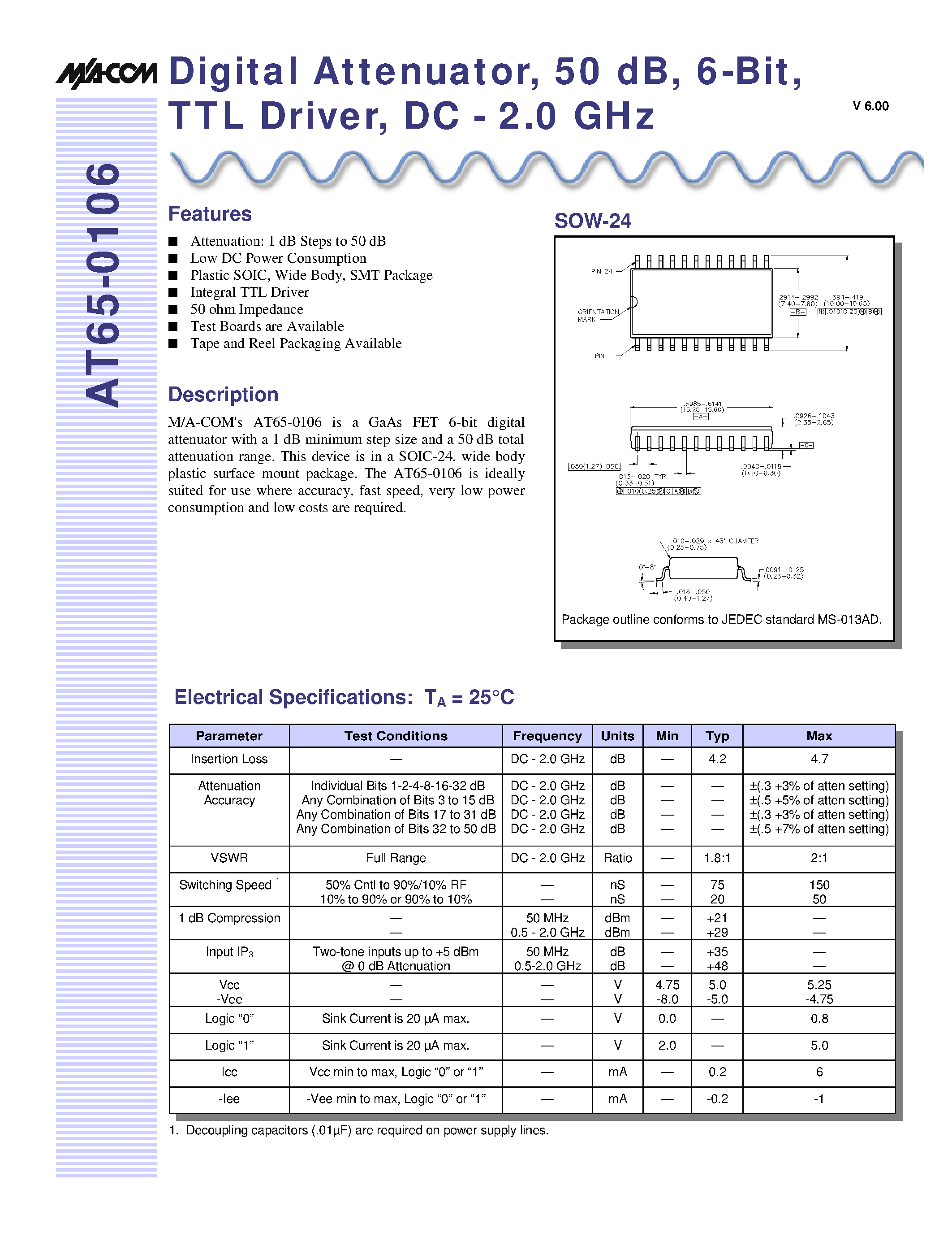 Даташит AT65-0106 - Digital Attenuator/ 50 dB/ 6-Bit/ TTL Driver/ DC - 2.0 GHz страница 1