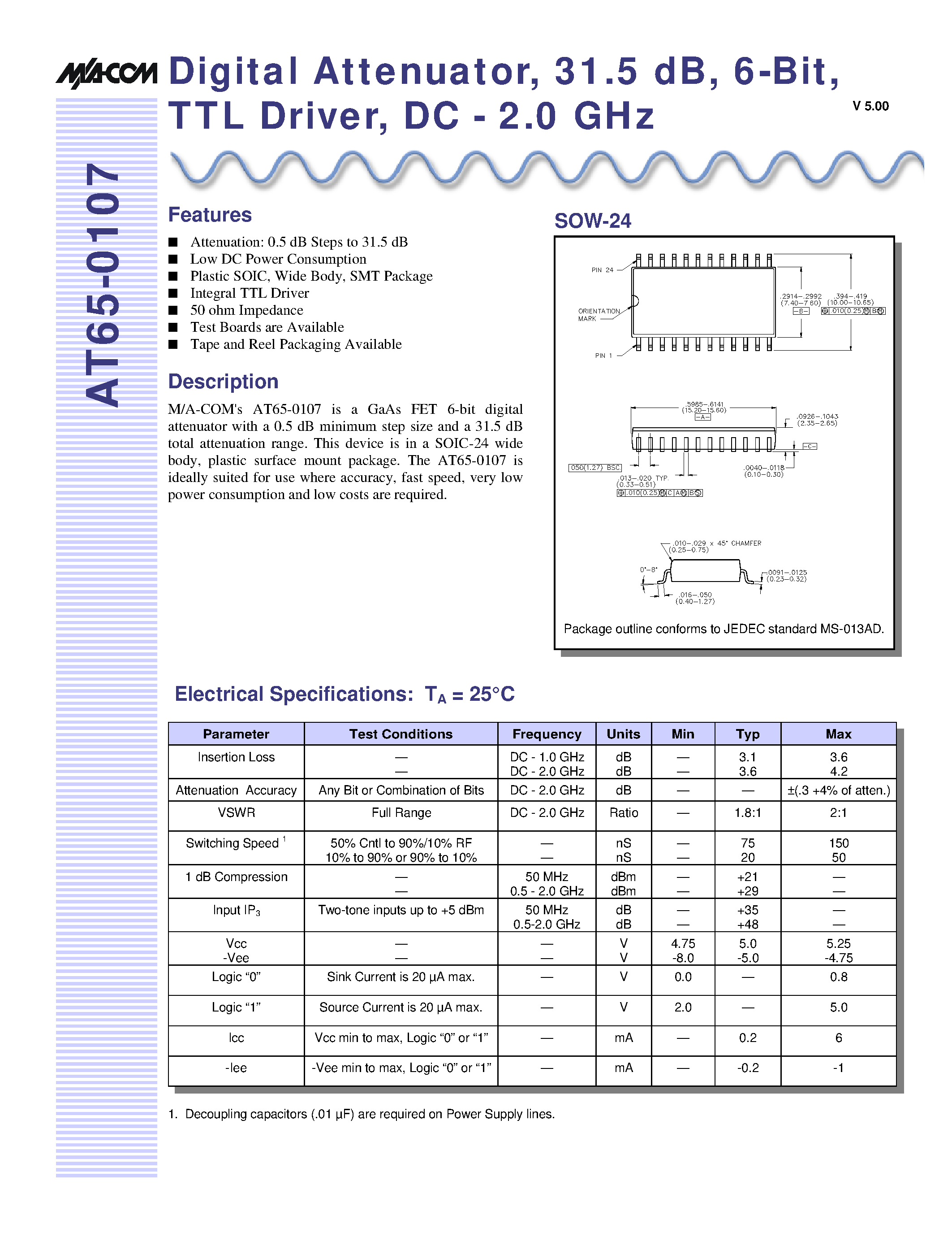 Даташит AT65-0107 - Digital Attenuator/ 31.5 dB/ 6-Bit/ TTL Driver/ DC - 2.0 GHz страница 1