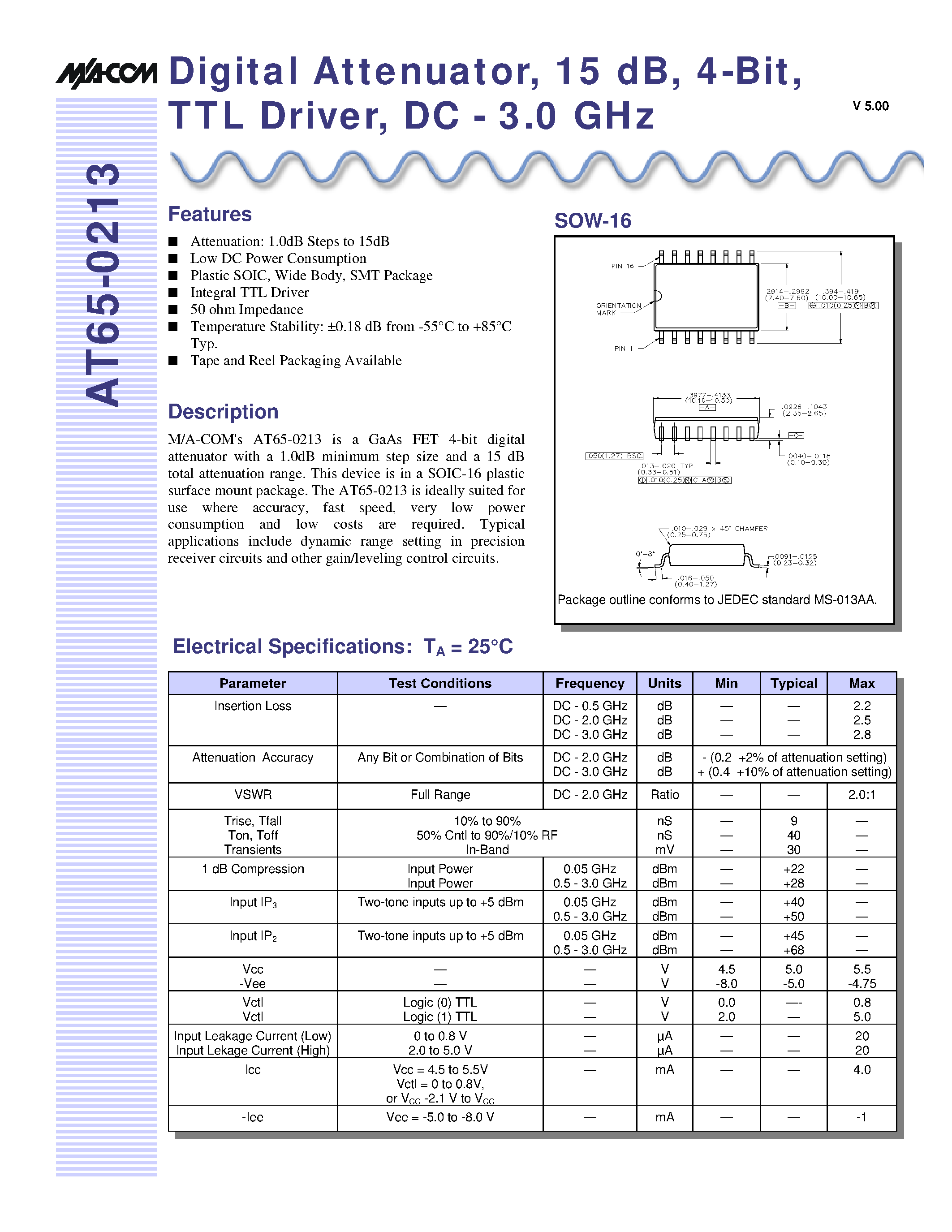 Даташит AT65-0213 - Digital Attenuator/ 15 dB/ 4-Bit/ TTL Driver/ DC - 3.0 GHz страница 1