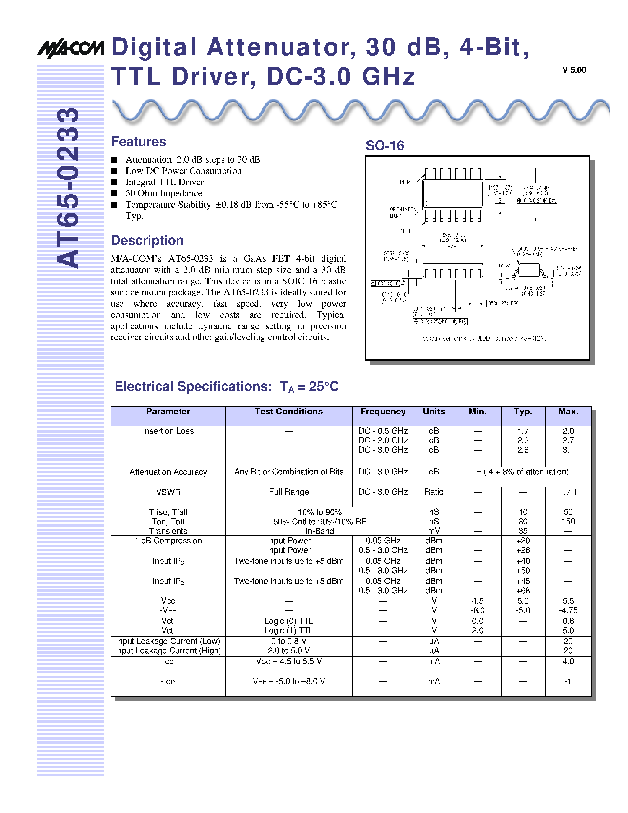 Даташит AT65-0233 - Digital Attenuator/ 30 dB/ 4-Bit/ TTL Driver/ DC-3.0 GHz страница 1