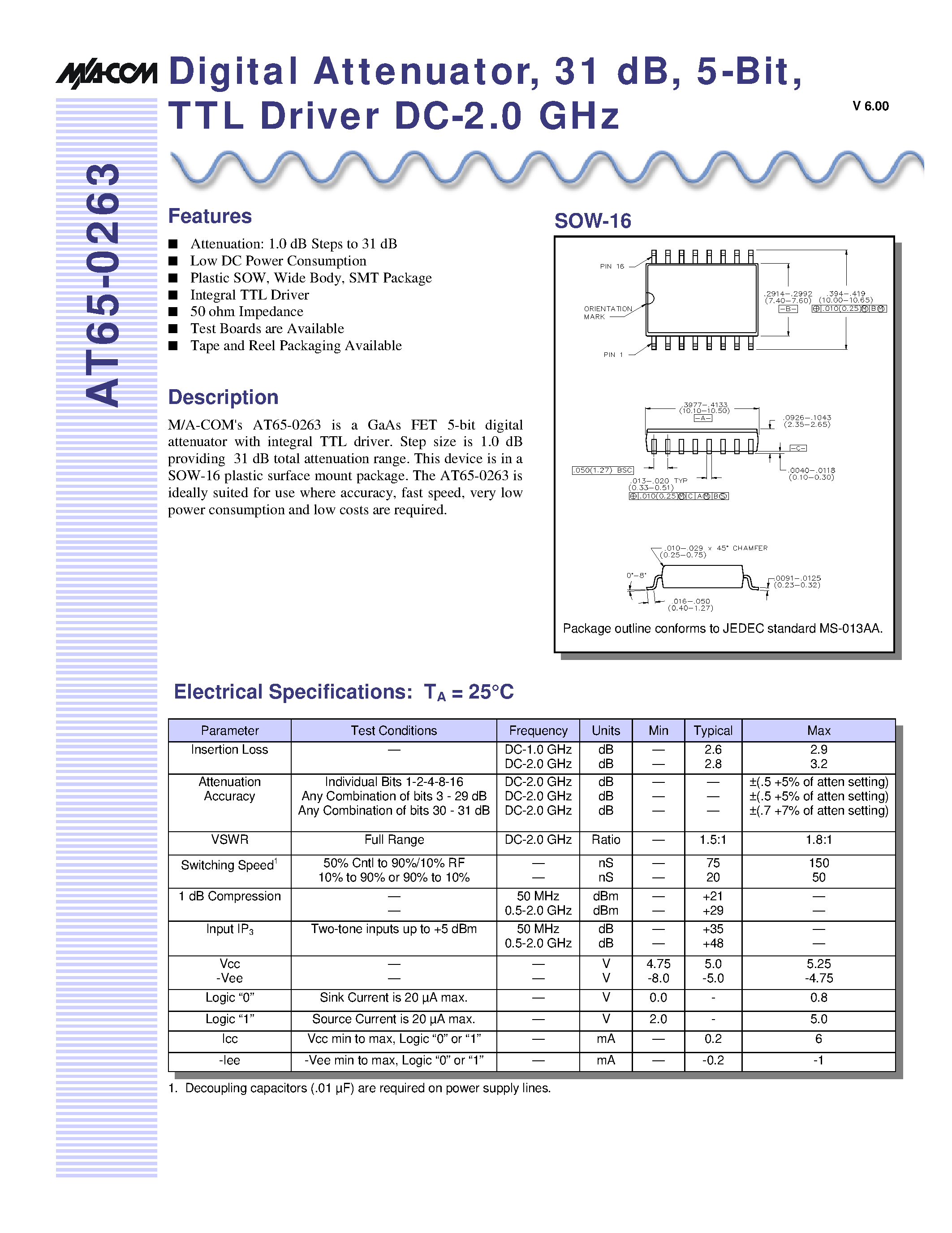 Даташит AT65-0263 - Digital Attenuator/ 31 dB/ 5-Bit/ TTL Driver DC-2.0 GHz страница 1