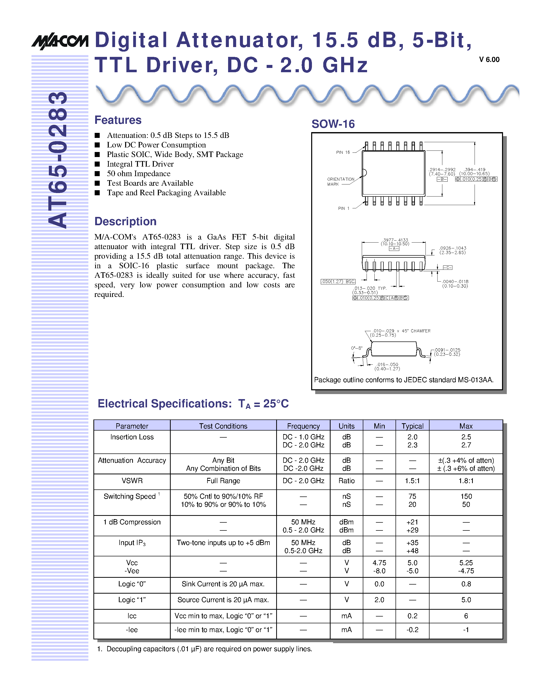 Даташит AT65-0283 - Digital Attenuator/ 15.5 dB/ 5-Bit/ TTL Driver/ DC - 2.0 GHz страница 1