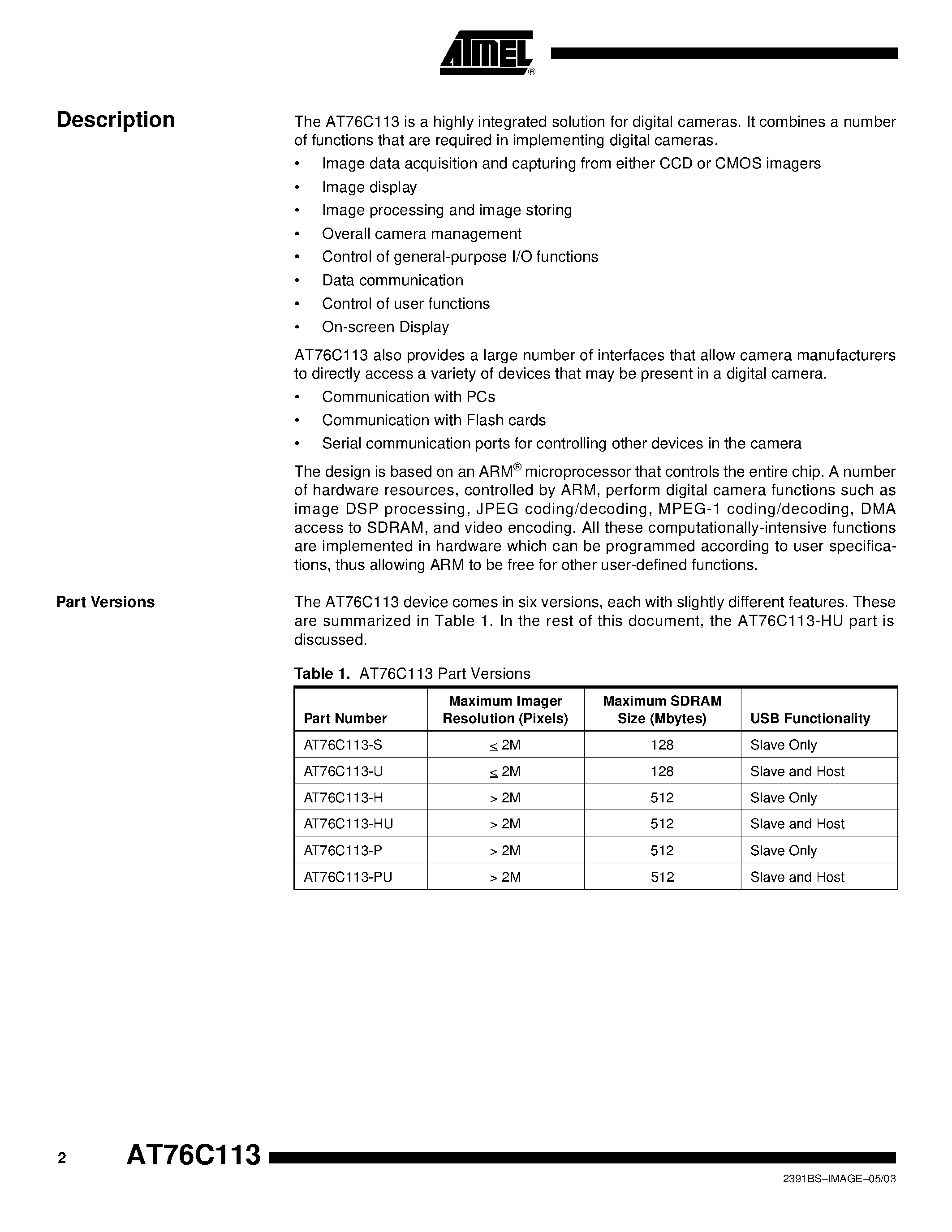 Даташит AT76C113-H - High- Performance Digital Camera Processor страница 2