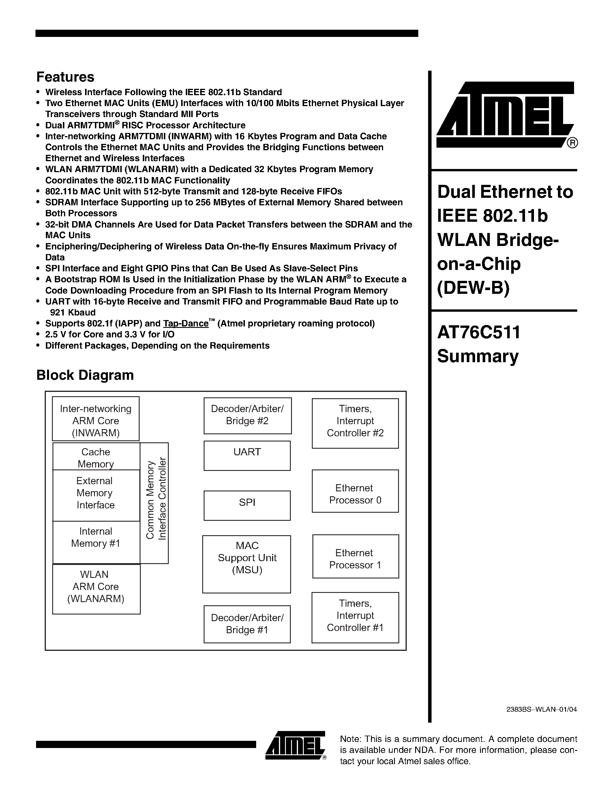 Datasheet AT76C511 - Dual Ethernet to IEEE 802.11b WLAN Bridgeon-on-a-Chip(DEW-B) page 1