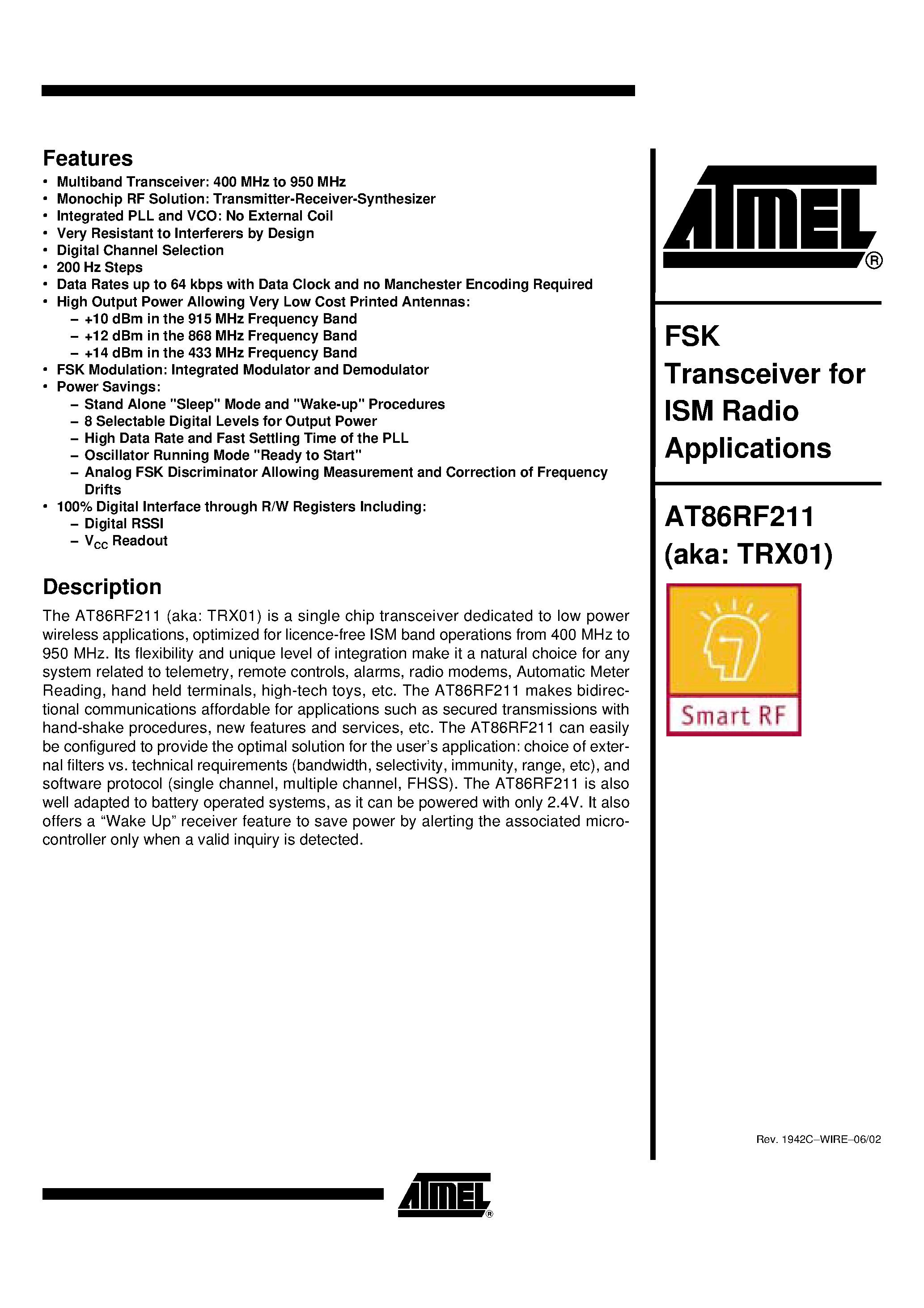 Datasheet AT86RF211DAI-R - FSK Transceiver for ISM Radio Applications page 1