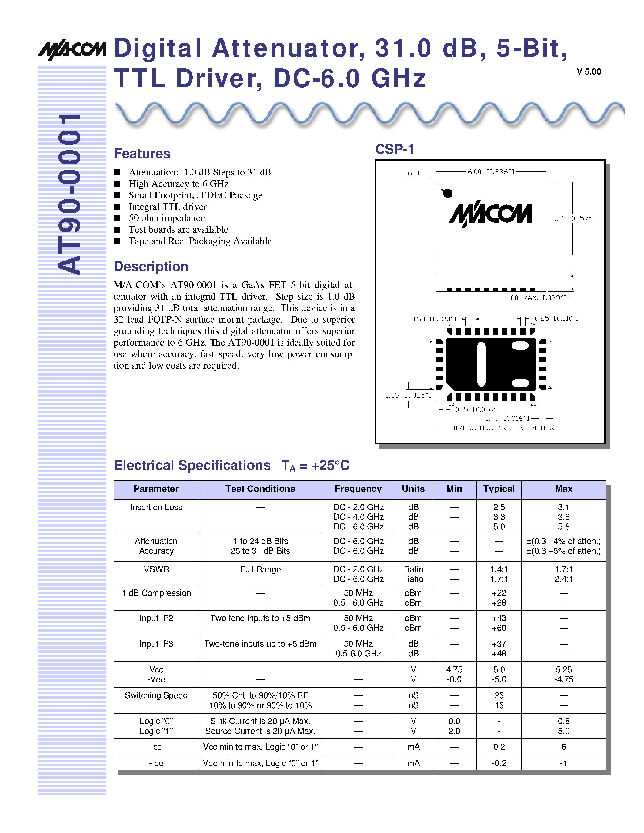 Даташит AT90-0001 - Digital Attenuator/ 31.0 dB/ 5-Bit/ TTL Driver/ DC-6.0 GHz страница 1