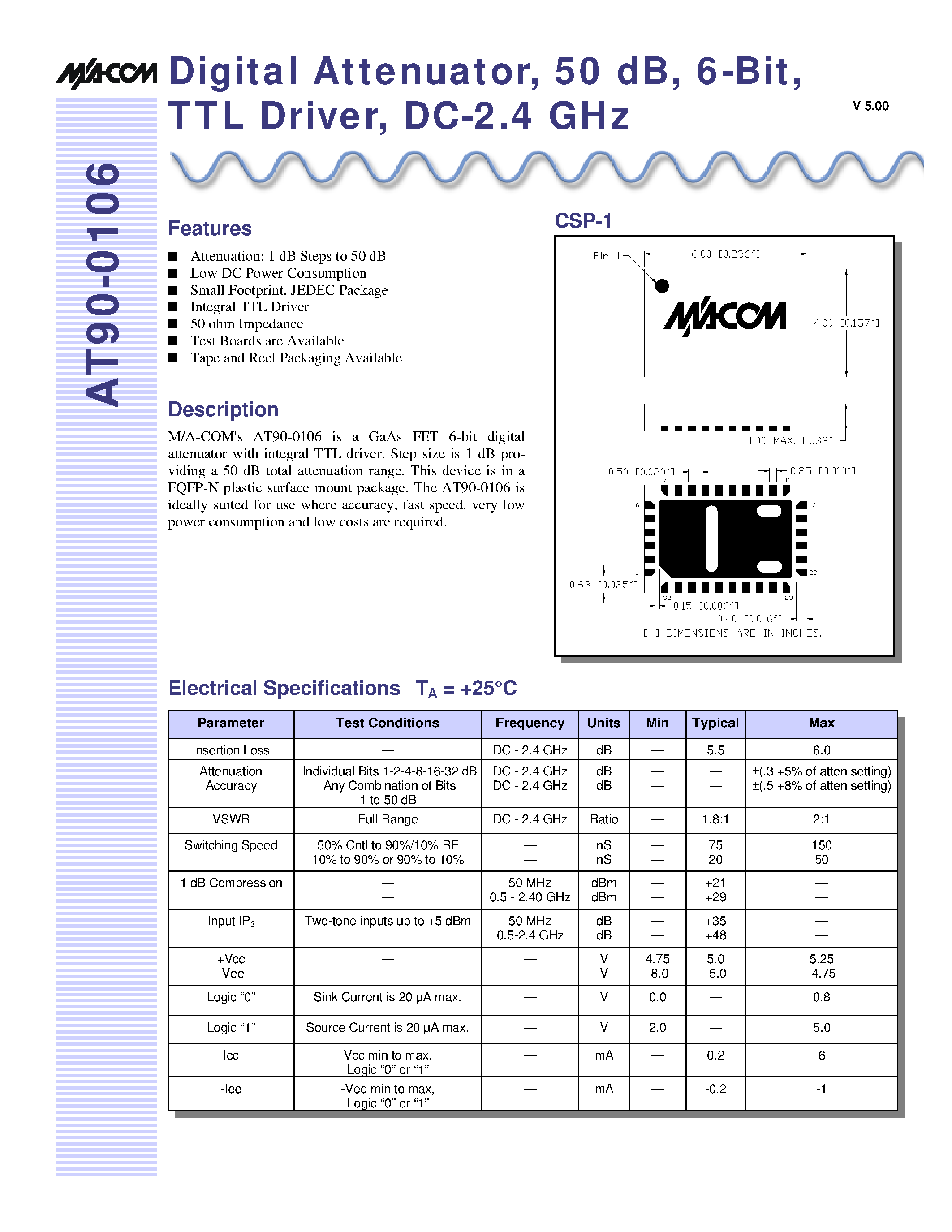 Даташит AT90-0106TR - Digital Attenuator/ 50 dB/ 6-Bit/ TTL Driver/ DC-2.4 GHz страница 1