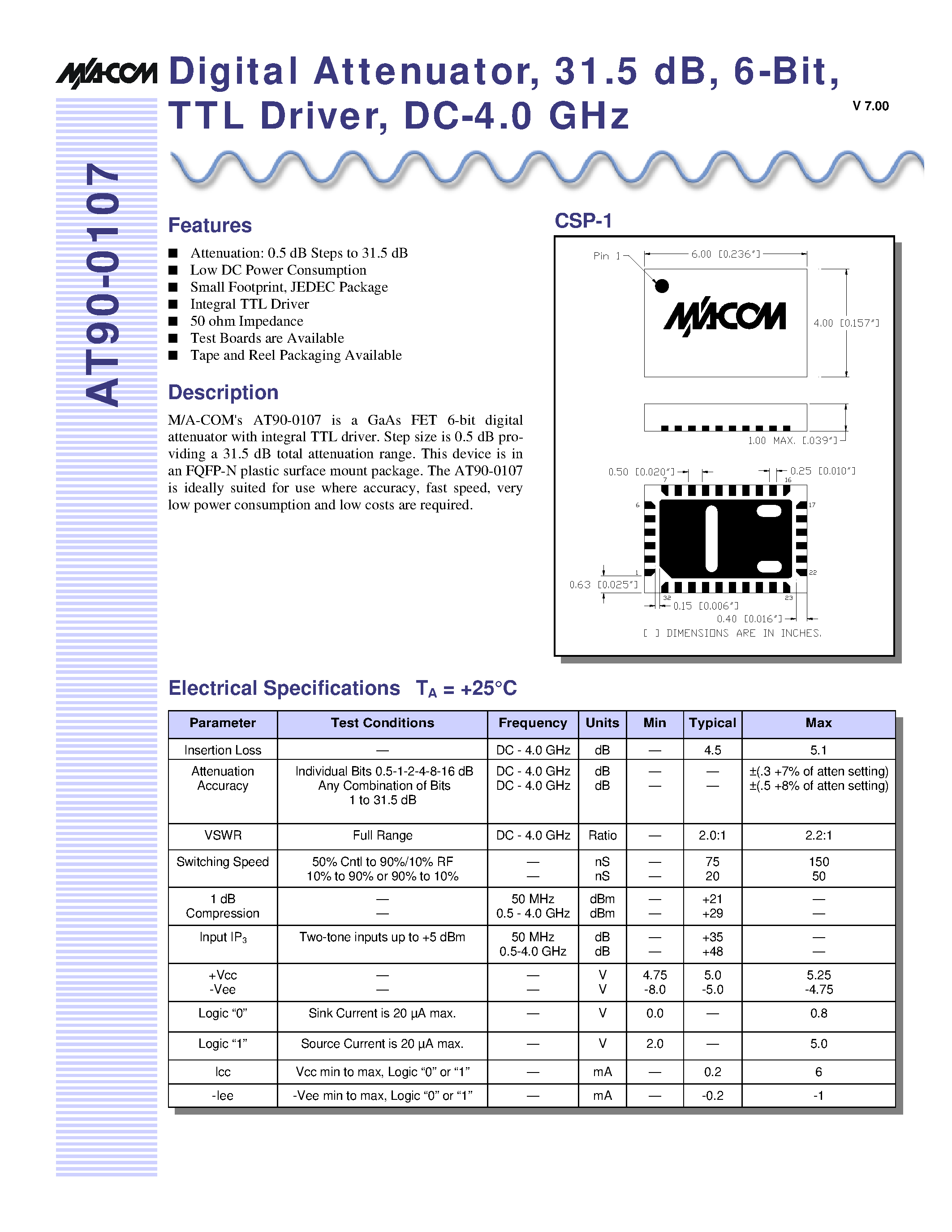 Даташит AT90-0107-TB - Digital Attenuator/ 31.5 dB/ 6-Bit/ TTL Driver/ DC-4.0 GHz страница 1