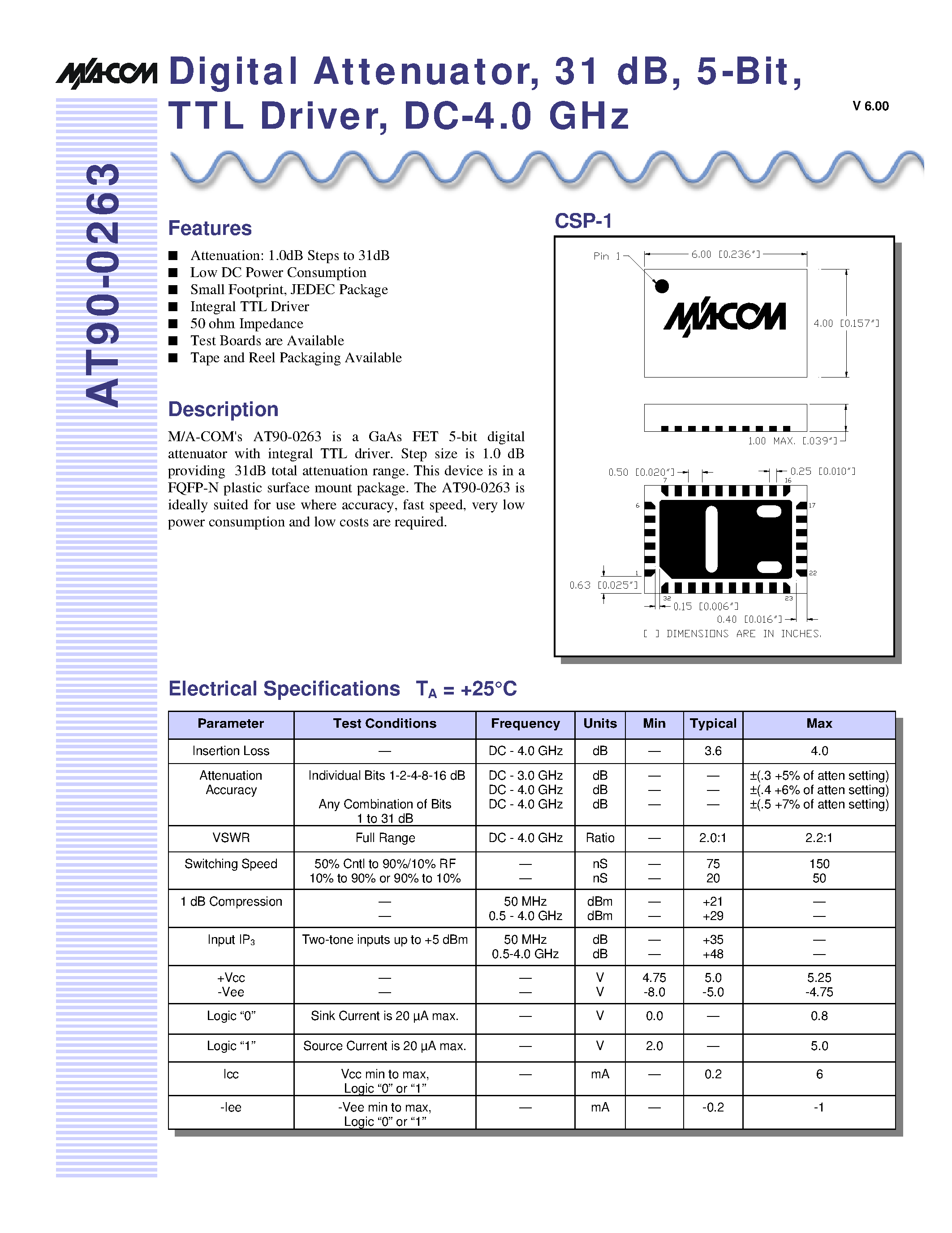 Даташит AT90-0263 - Digital Attenuator/ 31 dB/ 5-Bit/ TTL Driver/ DC-4.0 GHz страница 1