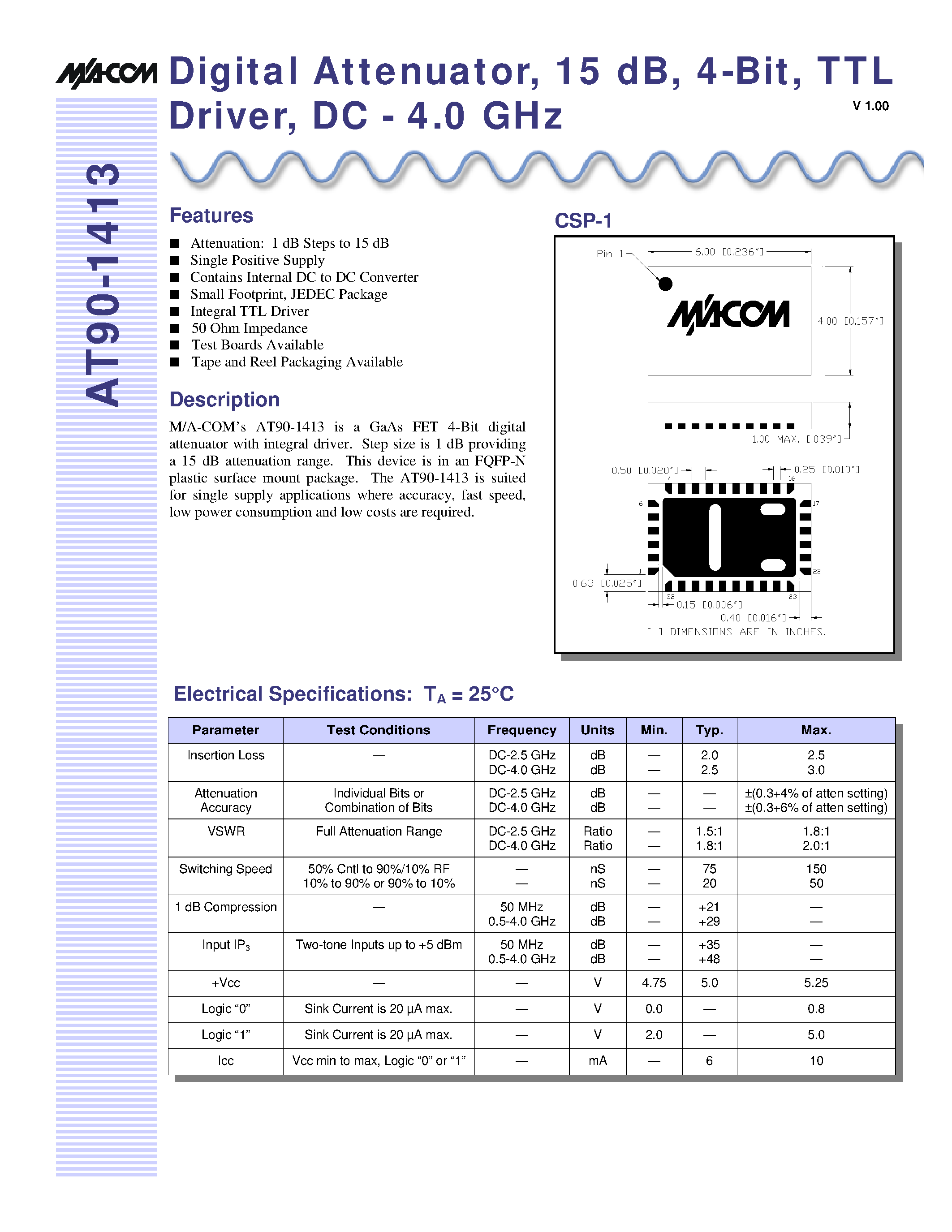 Даташит AT90-1413-TB - Digital Attenuator/ 15 dB/ 4-Bit/ TTL Driver/ DC - 4.0 GHz страница 1