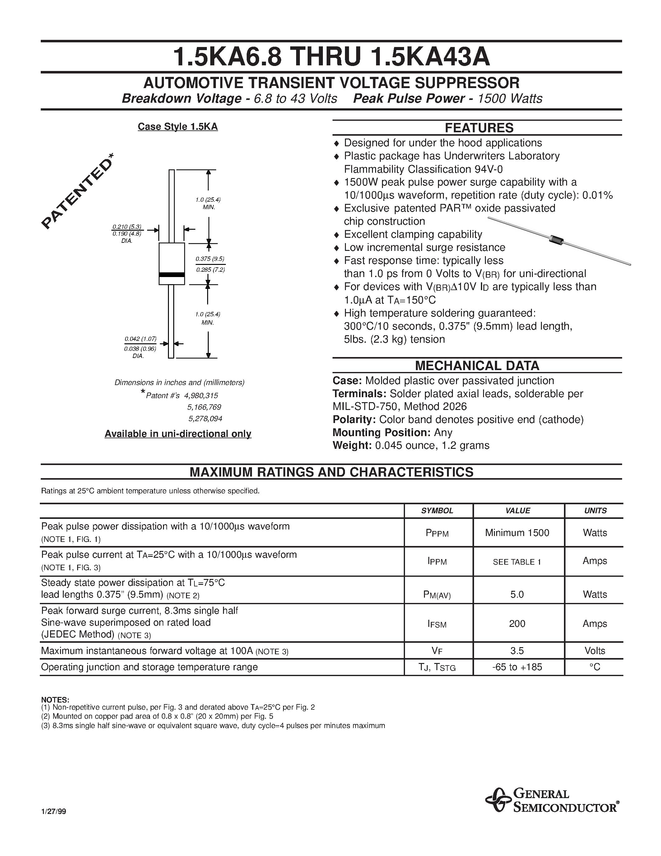 Даташит 1.5KA9.1 - AUTOMOTIVE TRANSIENT VOLTAGE SUPPRESSOR страница 1