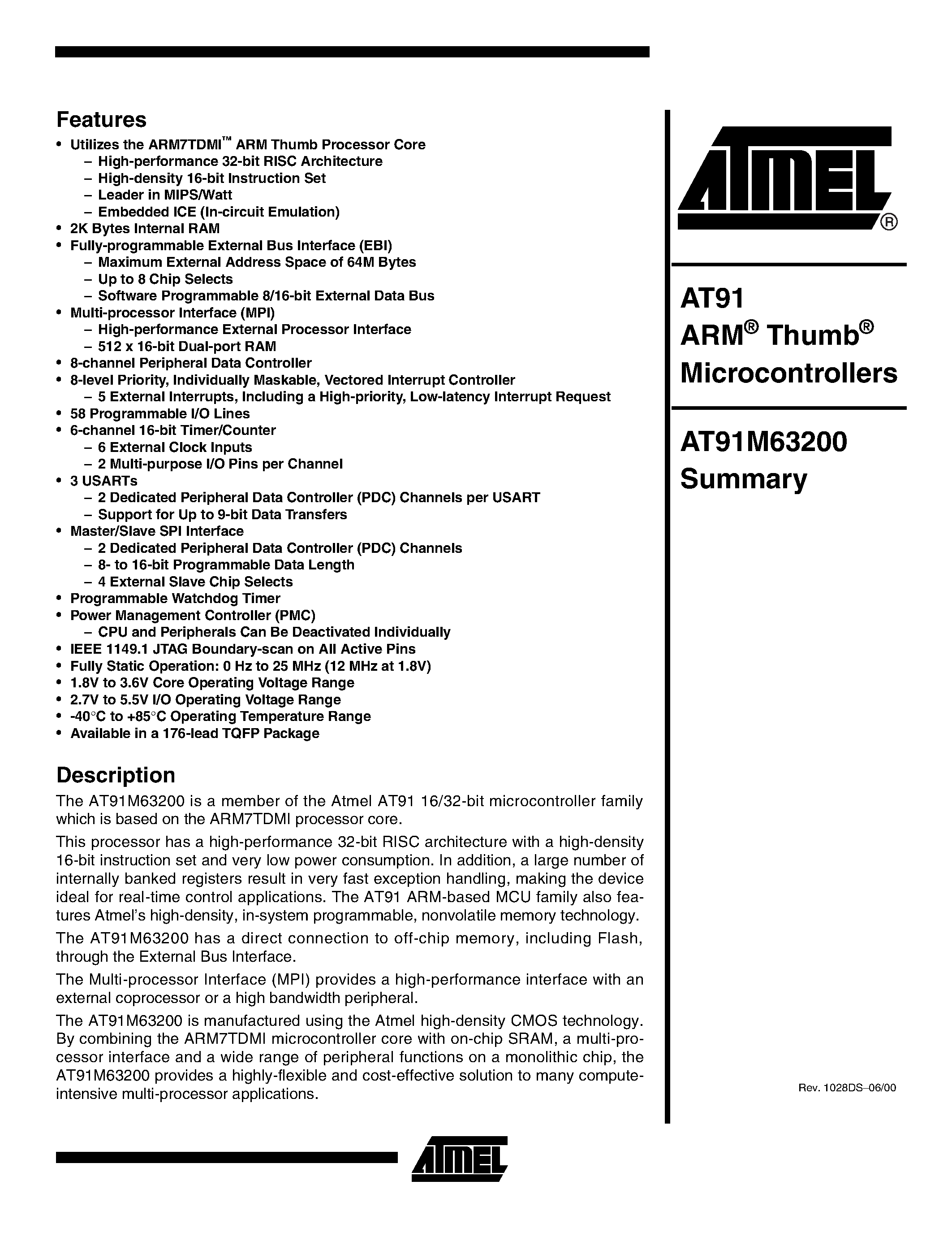 Даташит AT91M63200-12AI-1.8 - ARM Thumb Microcontrollers страница 1