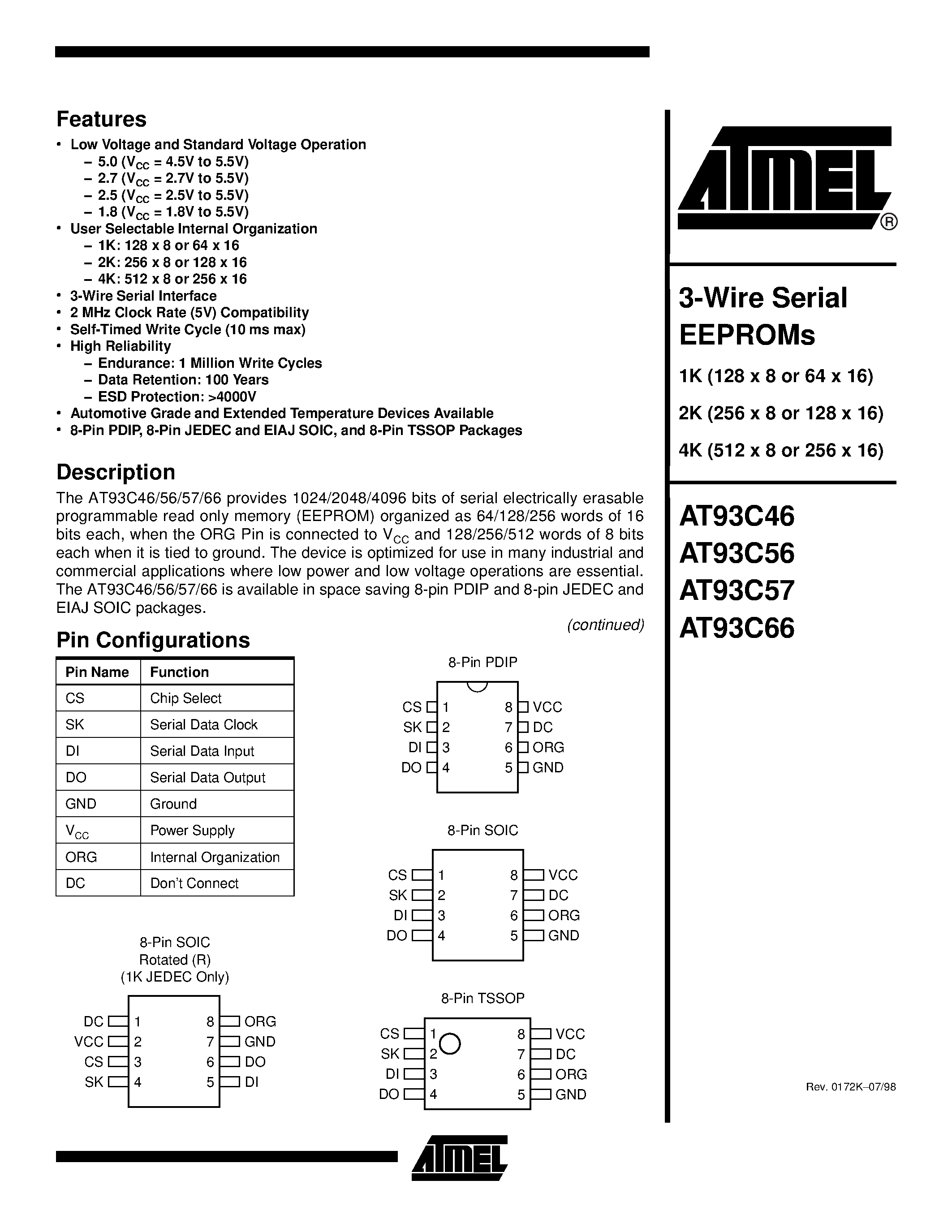 Даташит AT93C46-10PC-1.8 - 3-wire Serial EEPROMs страница 1