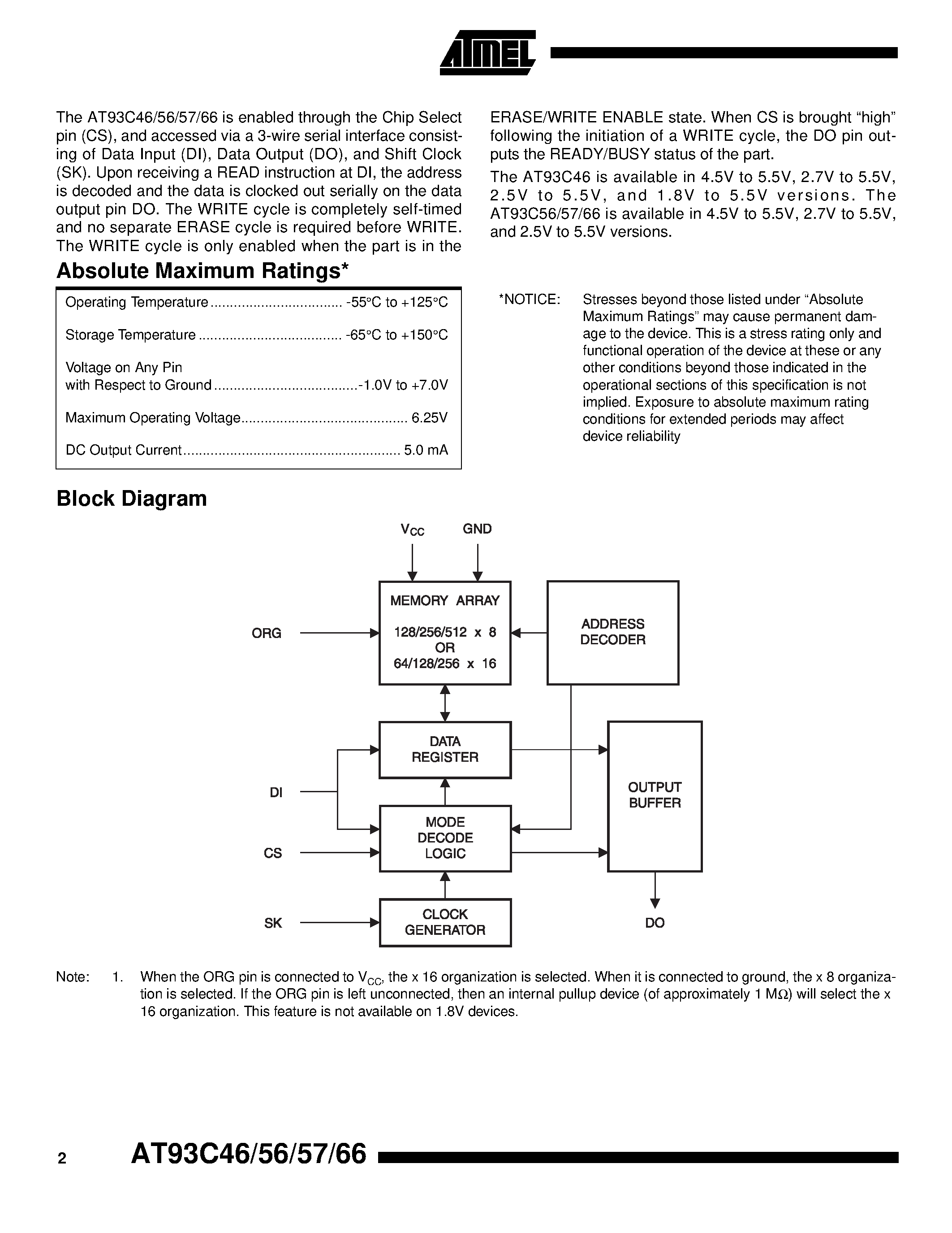 Даташит AT93C46-10PI-1.8 - 3-wire Serial EEPROMs страница 2