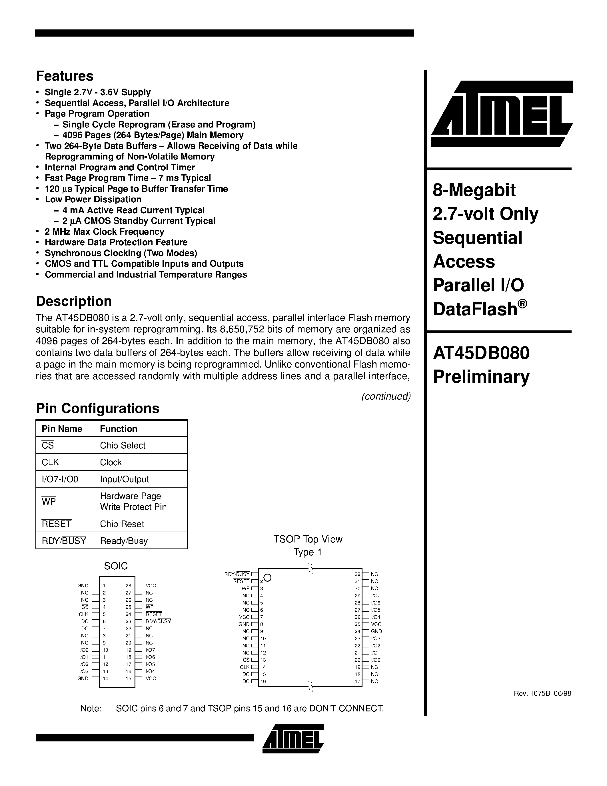 Даташит AT45DB080 - 8-Megabit 2.7-volt Only Sequential Access Parallel I/O DataFlash страница 1