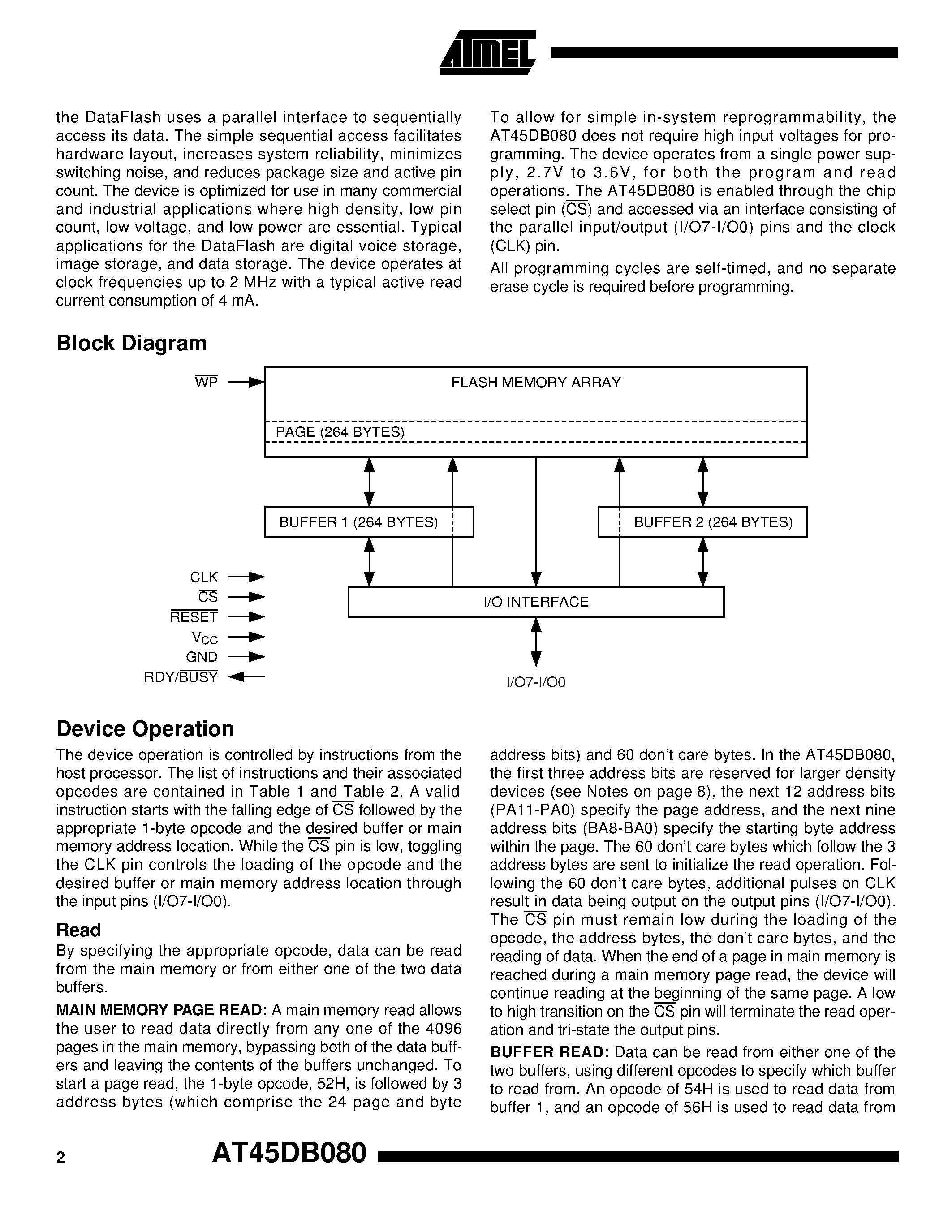 Даташит AT45DB080 - 8-Megabit 2.7-volt Only Sequential Access Parallel I/O DataFlash страница 2