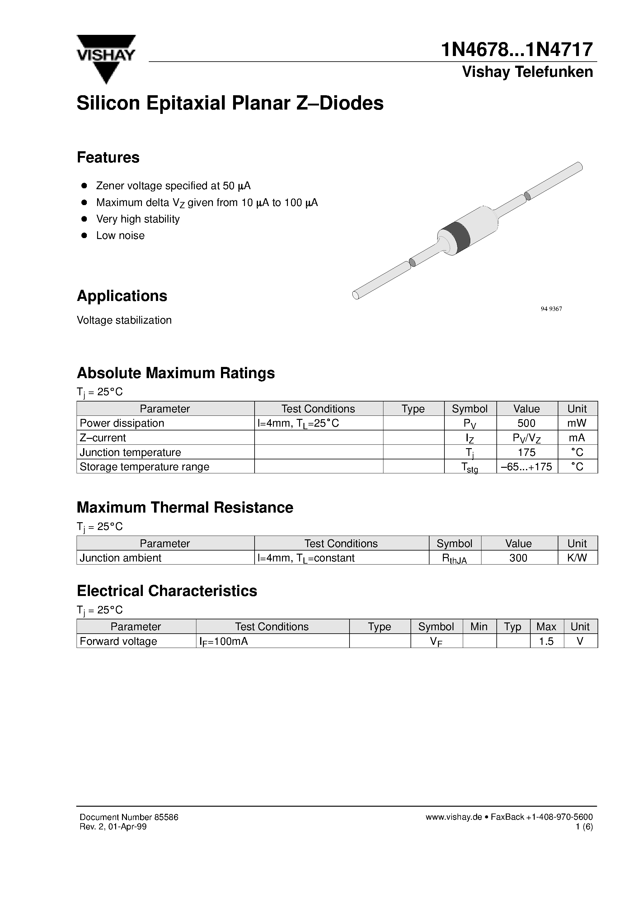 Даташит 1N4679 - Silicon Epitaxial Planar Z-Diodes страница 1