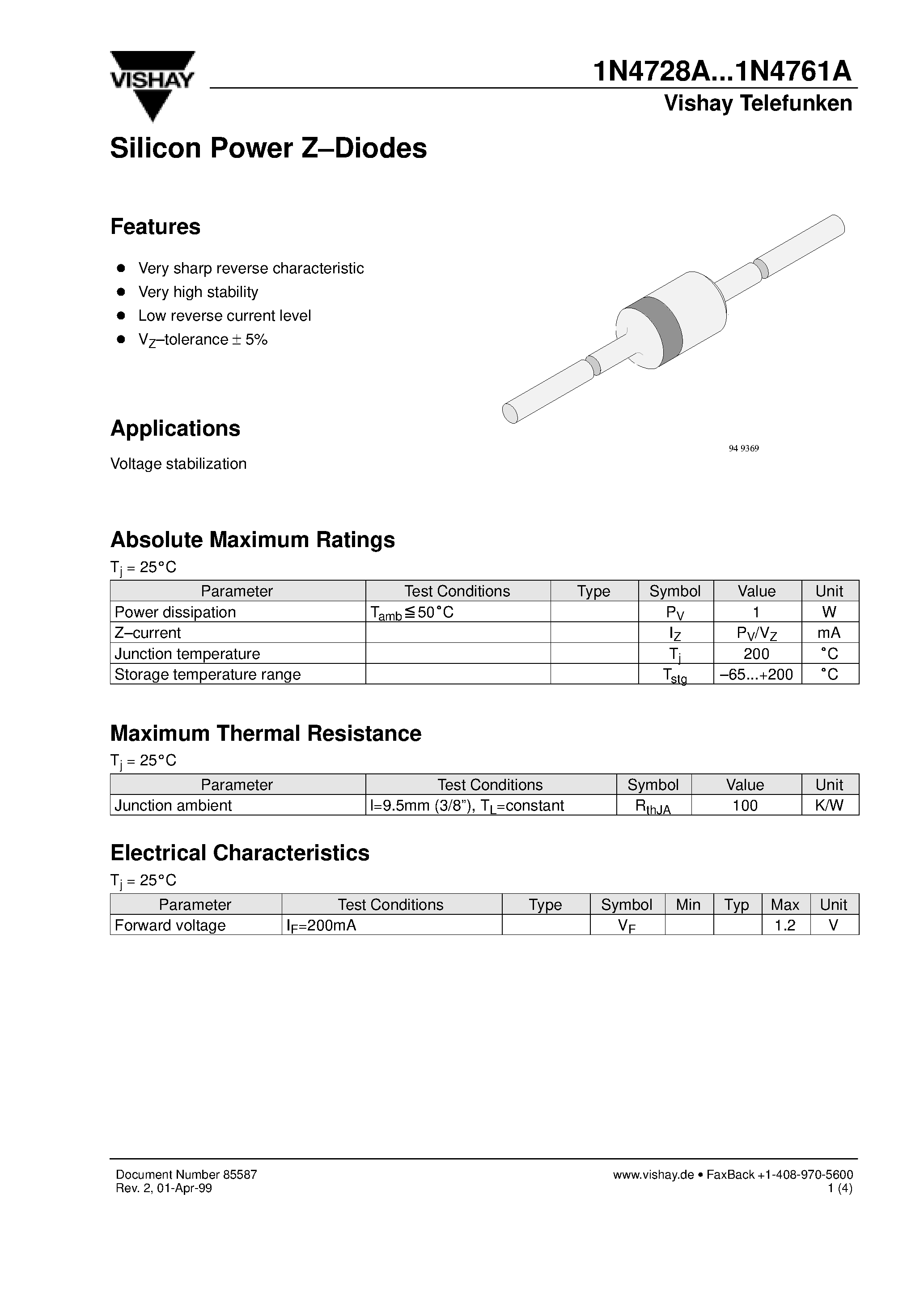 Даташит 1N4732A - Silicon Power Z-Diodes страница 1