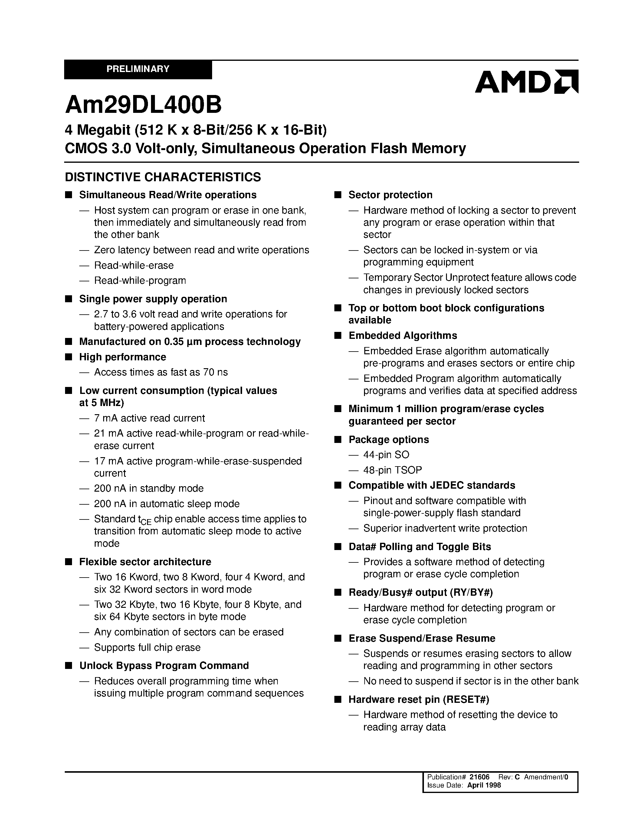 Datasheet AM29DL400B - 4 Megabit (512 K x 8-Bit/256 K x 16-Bit) CMOS 3.0 Volt-only/ Simultaneous Operation Flash Memory page 1