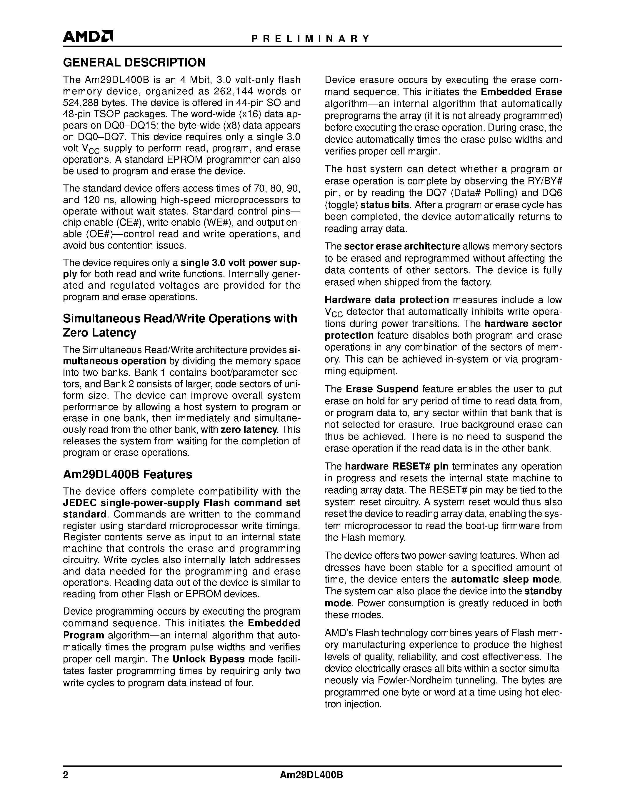 Datasheet AM29DL400B - 4 Megabit (512 K x 8-Bit/256 K x 16-Bit) CMOS 3.0 Volt-only/ Simultaneous Operation Flash Memory page 2