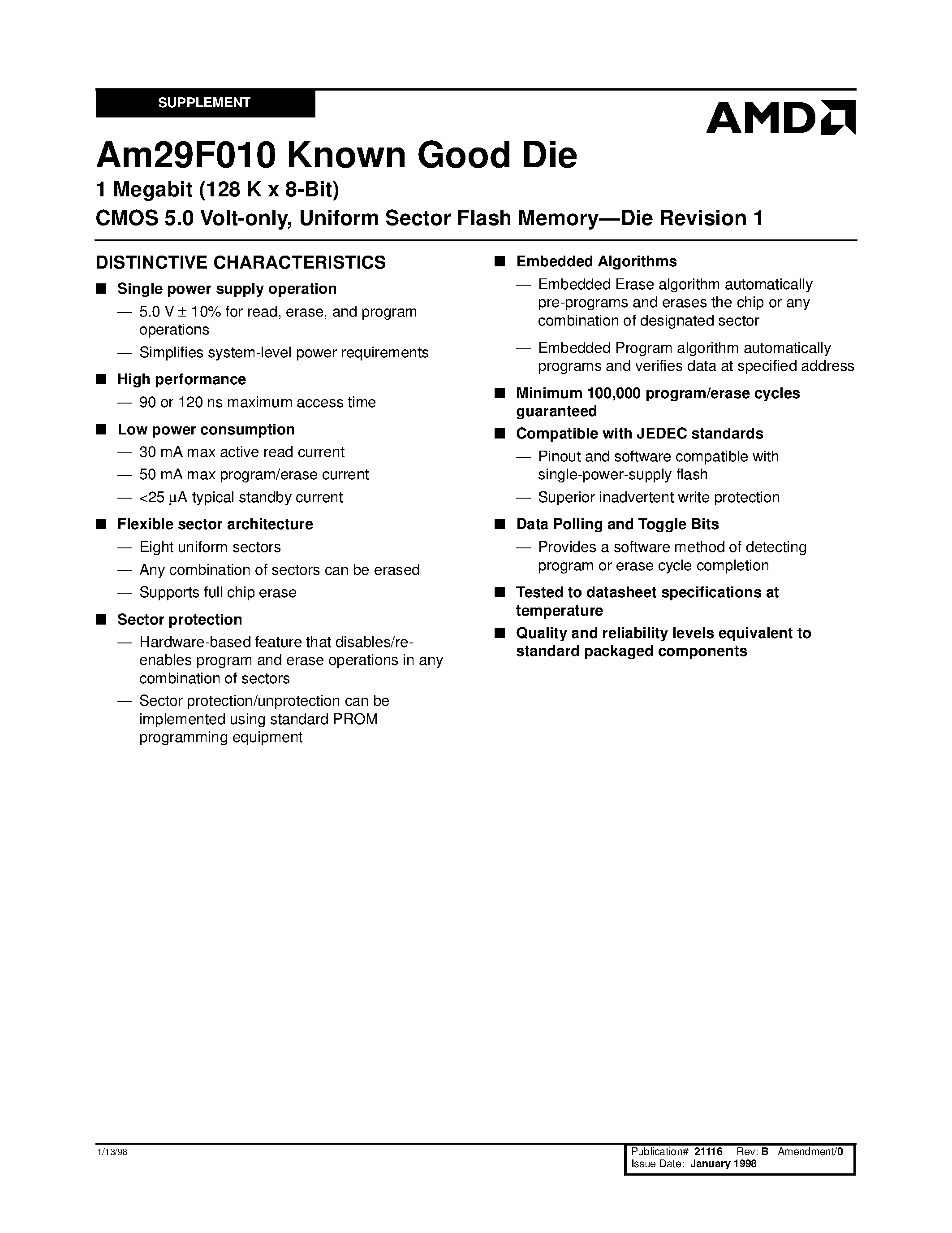 Datasheet AM29F010-1 - 1 Megabit (128 K x 8-Bit) CMOS 5.0 Volt-only/ Uniform Sector Flash Memory-Die Revision 1 page 1