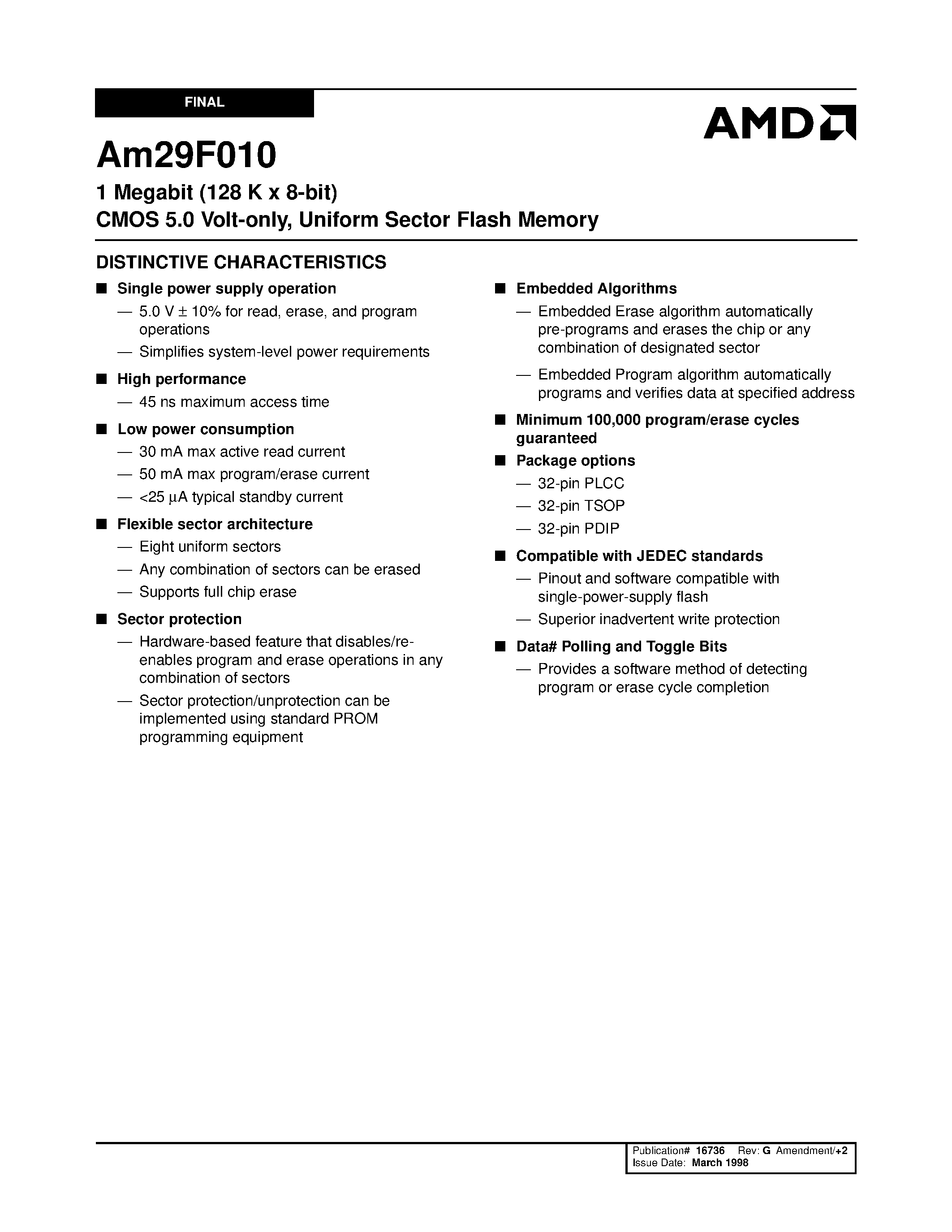 Datasheet Am29F010-120EC - 1 Megabit (128 K x 8-bit) CMOS 5.0 Volt-only/ Uniform Sector Flash Memory page 1