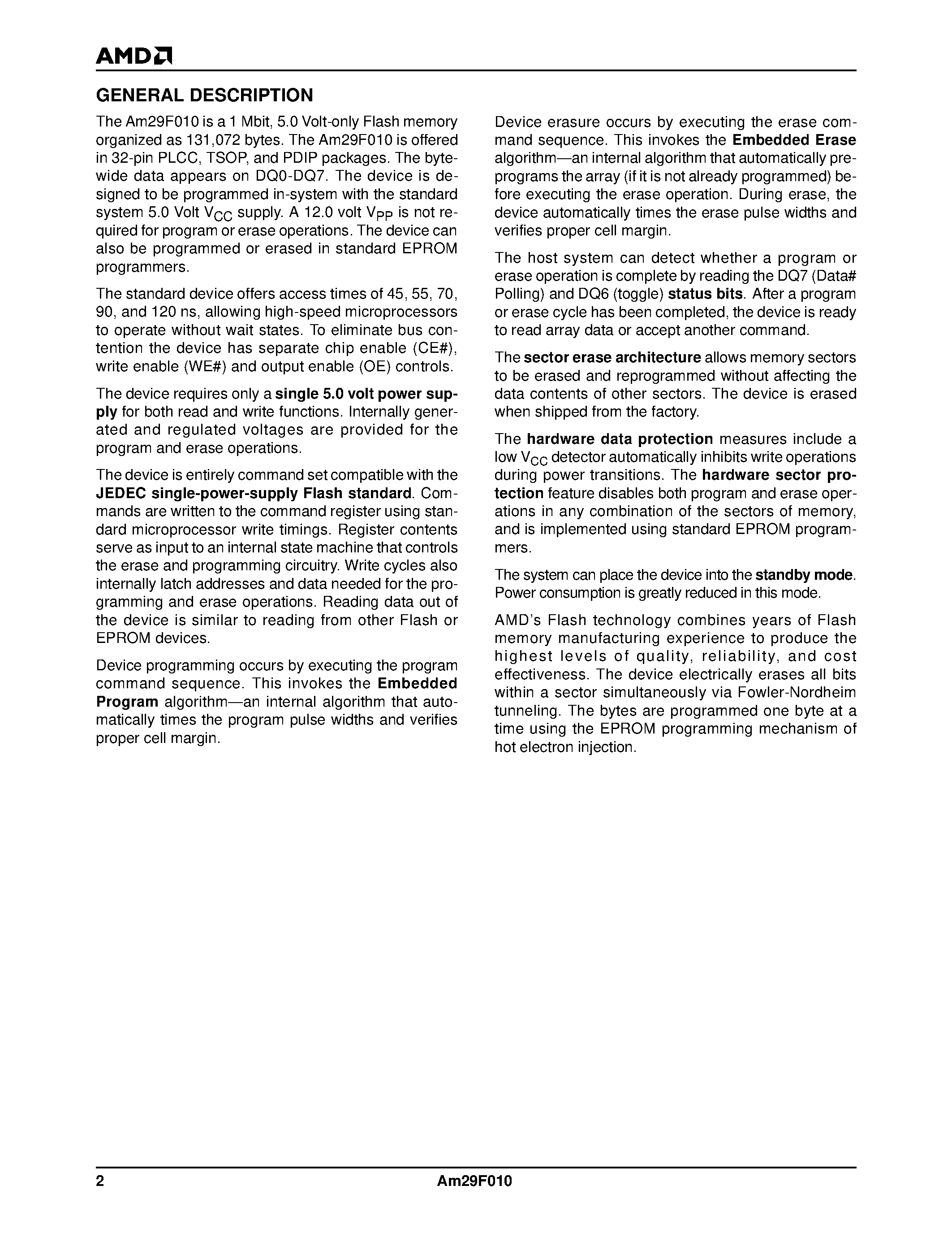 Datasheet Am29F010-55FIB - 1 Megabit (128 K x 8-bit) CMOS 5.0 Volt-only/ Uniform Sector Flash Memory page 2
