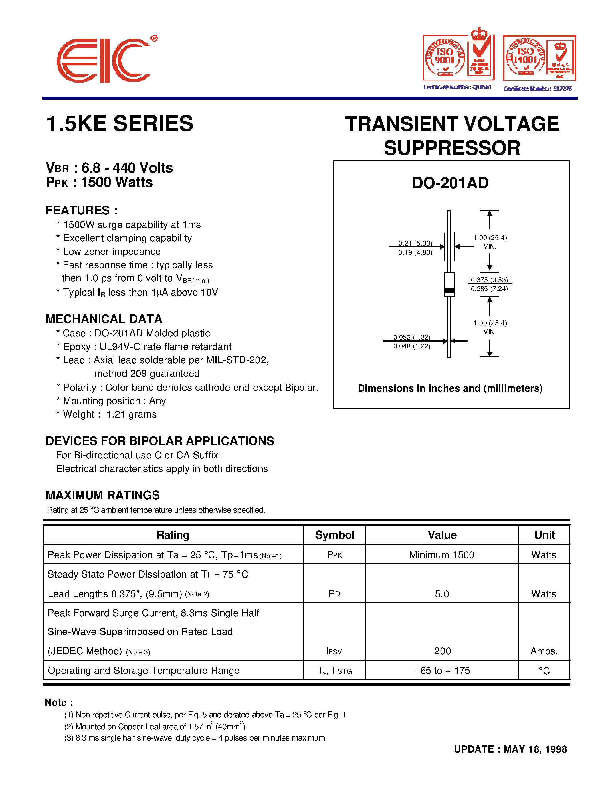 Даташит 1.5KE100A - TRANSIENT VOLTAGE SUPPRESSOR страница 1