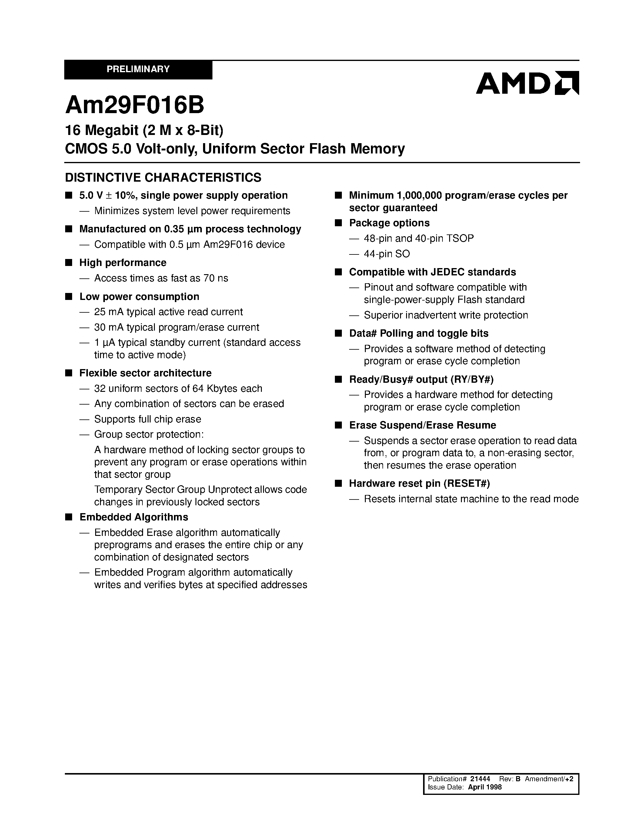 Даташит AM29F016B-1 - 16 Megabit (2 M x 8-Bit) CMOS 5.0 Volt-only/ Sector Erase Flash Memory-Die Revision 1 страница 1