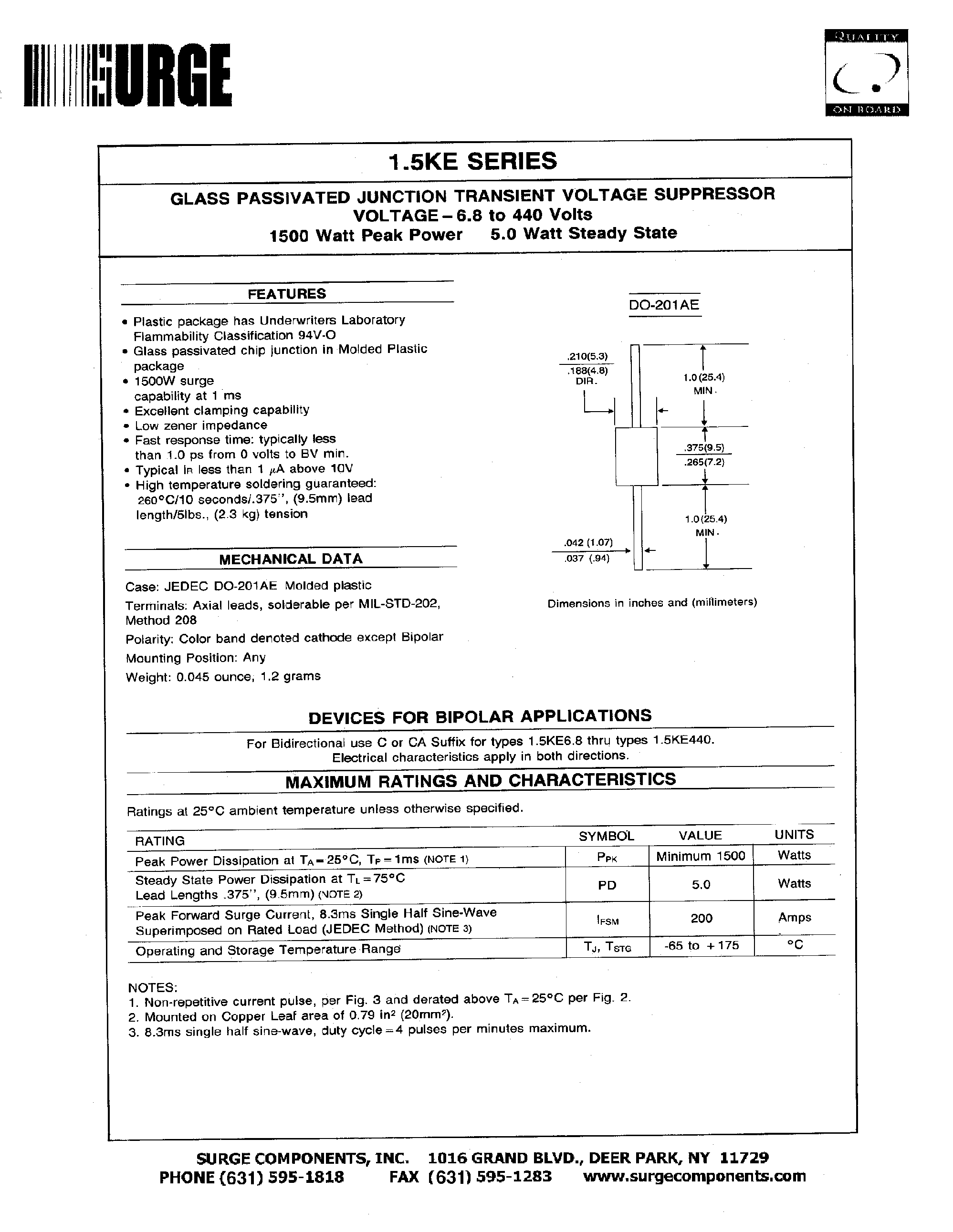 Даташит 1.5KE100A - GLASS PASSIVATED JUNCTION TRANSIENT VOLTAGE SUPPRESSOR VOLTAGE-6.8 to 440 Volts страница 1