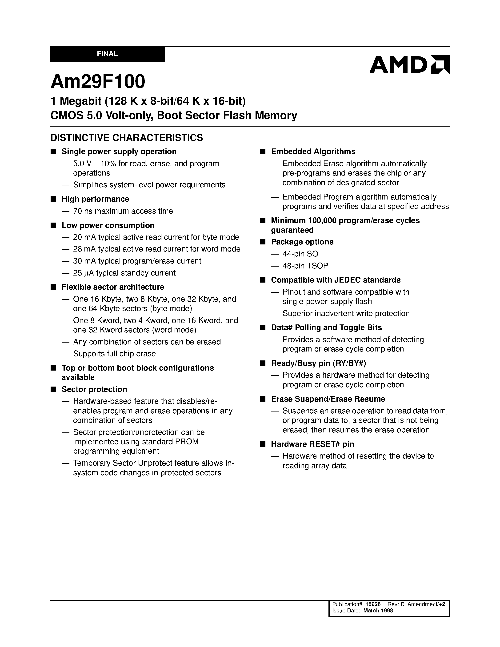 Даташит Am29F100B-120FCB - 1 Megabit (128 K x 8-bit/64 K x 16-bit) CMOS 5.0 Volt-only/ Boot Sector Flash Memory страница 1