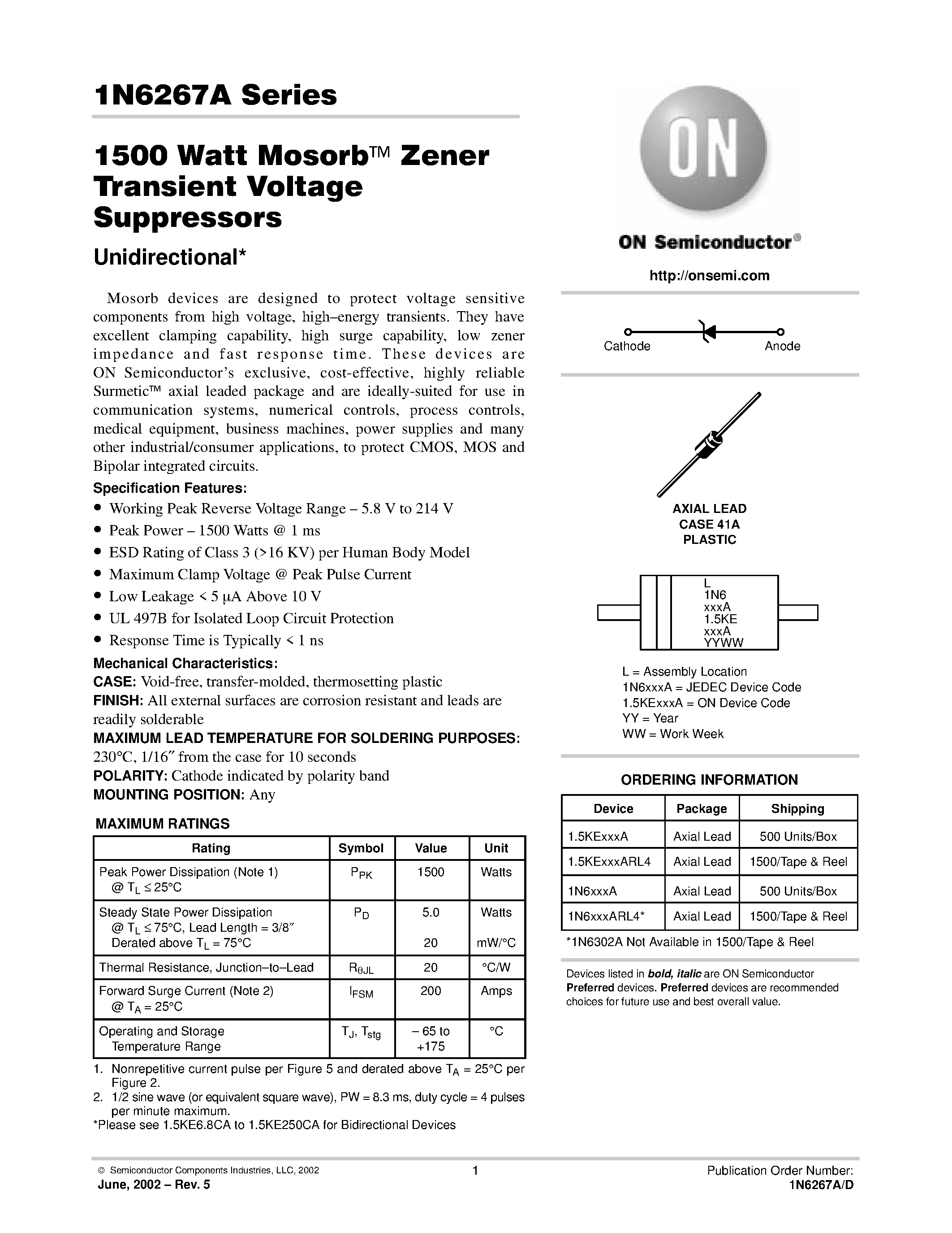 Даташит 1.5KE100A - 1500 Watt MosorbE Zener Transient Voltage Transient Voltage страница 1