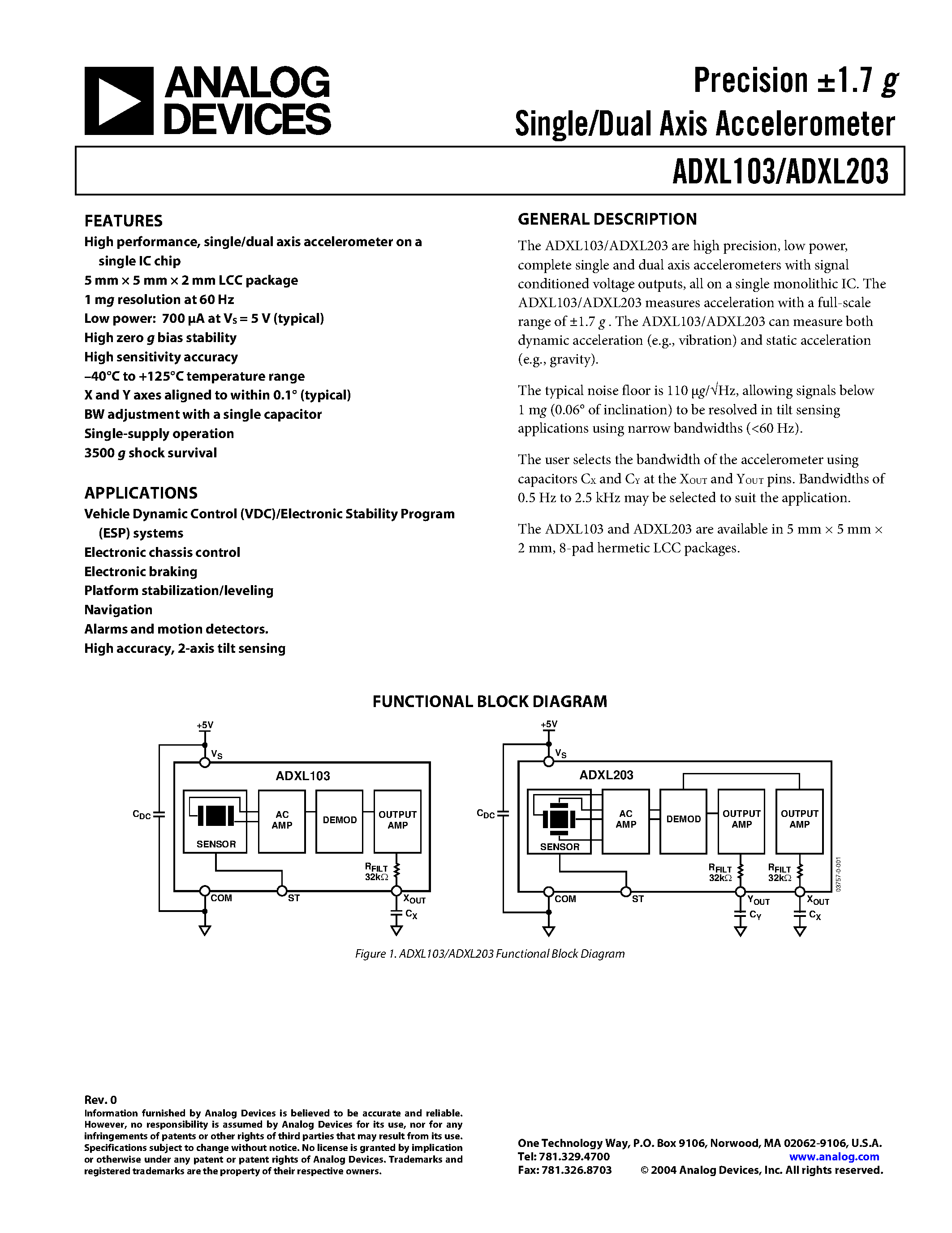 Даташит ADXL103 - Precision 1.7 g Single/Dual Axis Accelerometer страница 1