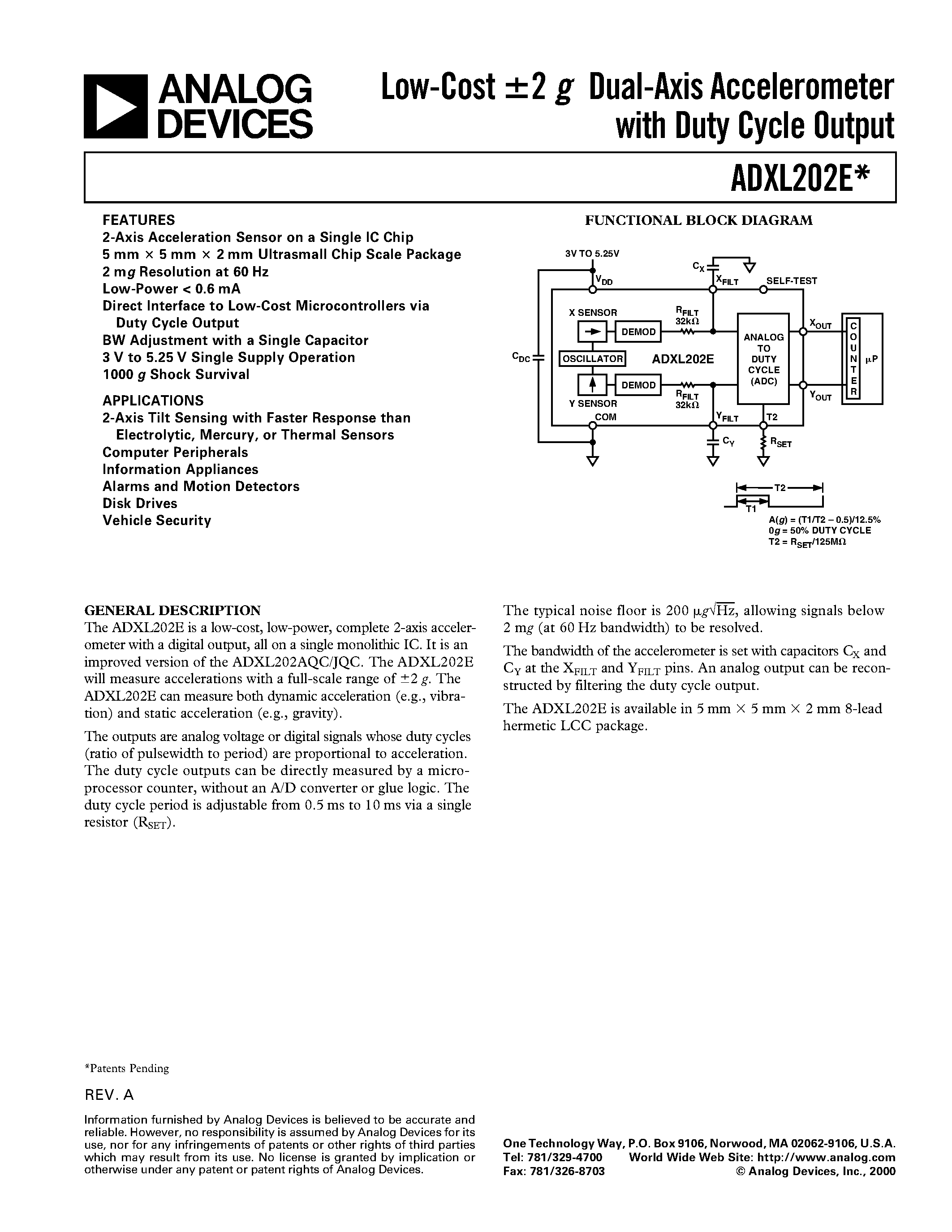 Даташит ADXL202AE - Low-Cost +-2 g Dual-Axis Accelerometer with Duty Cycle Output страница 1