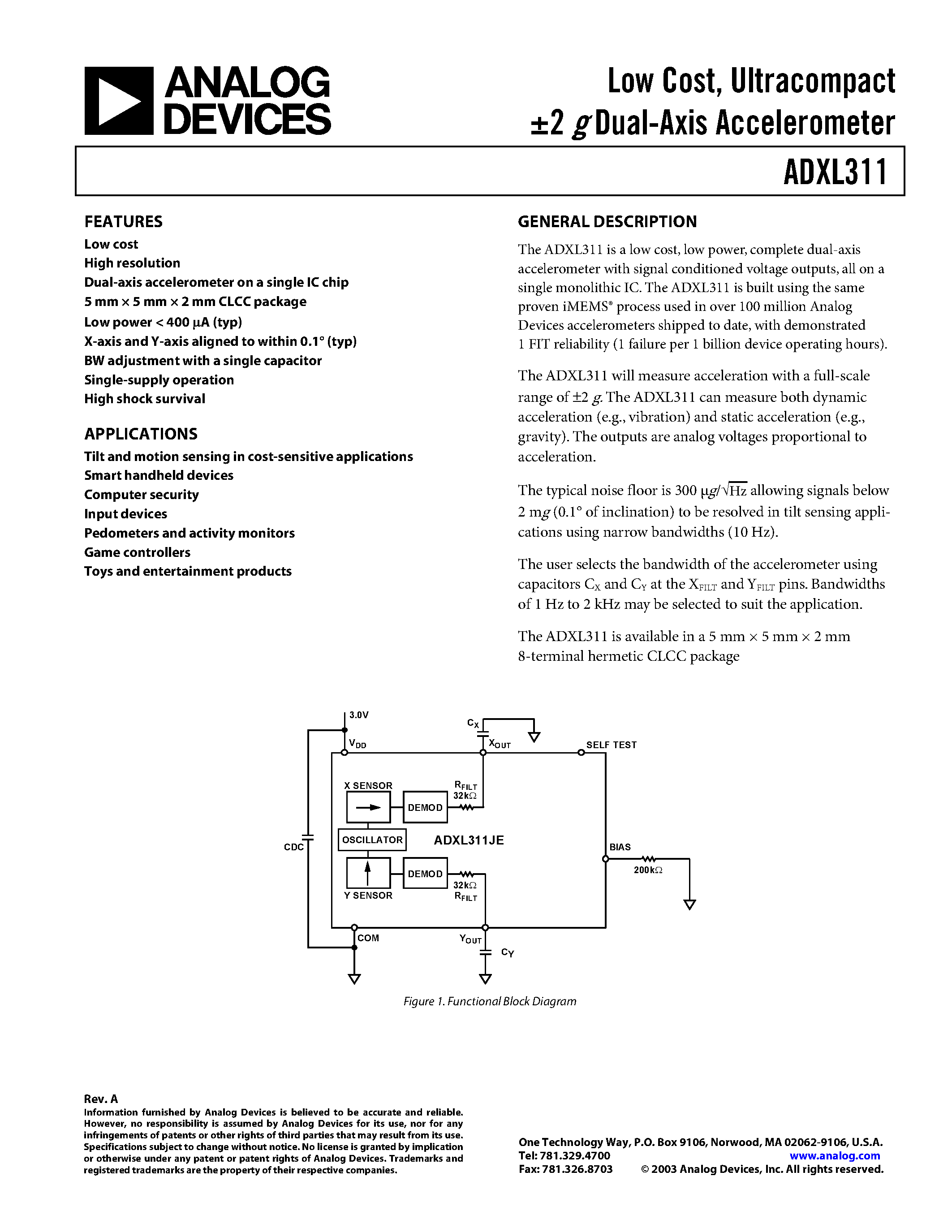 Даташит ADXL311 - Low Cost/ Ultracompact 2 g Dual-Axis Accelerometer страница 1