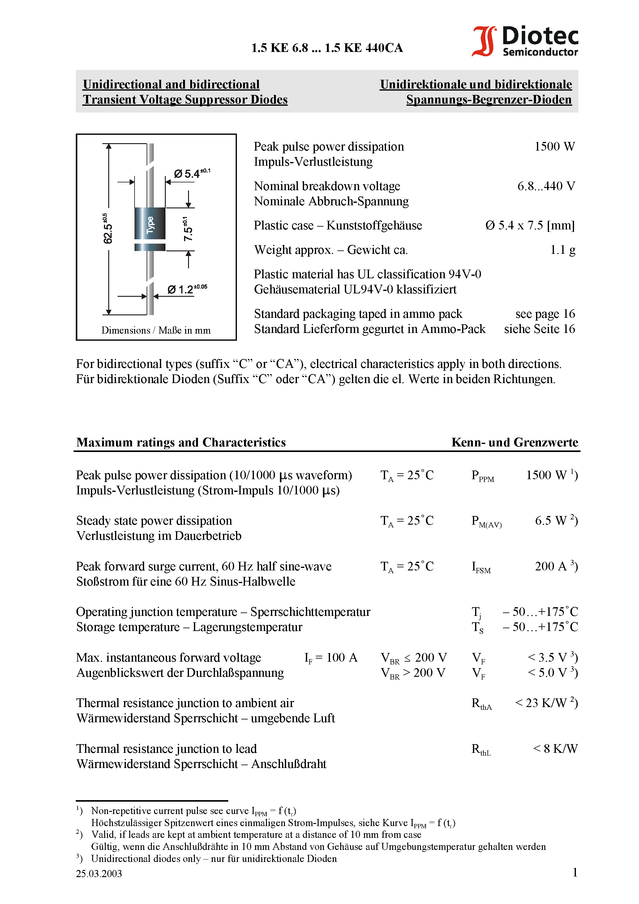 Даташит 1.5KE100A - Unidirectional and bidirectional Transient Voltage Suppressor Diodes страница 1