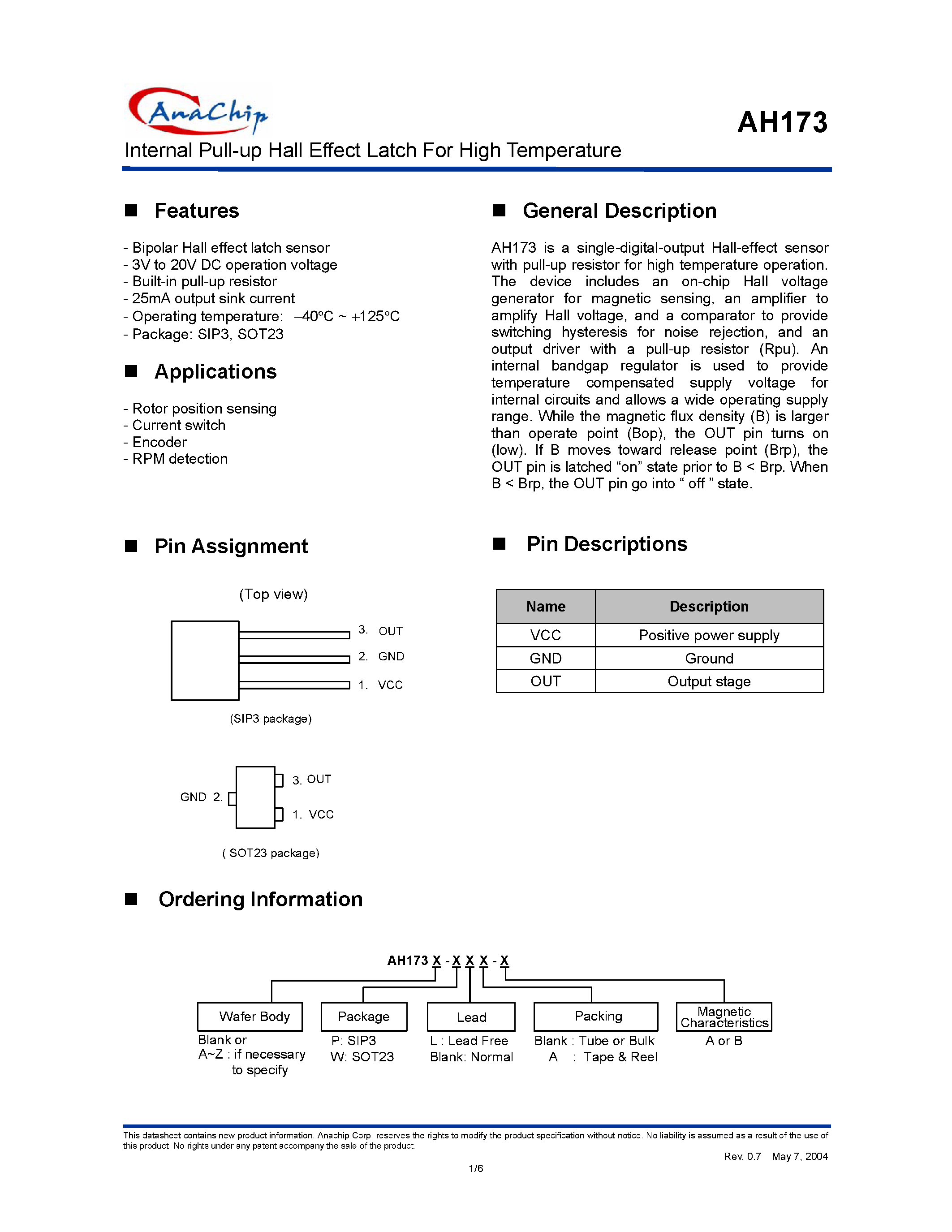 Datasheet AH173P-B - Internal Pull-up Hall Effect Latch For High Temperature page 1