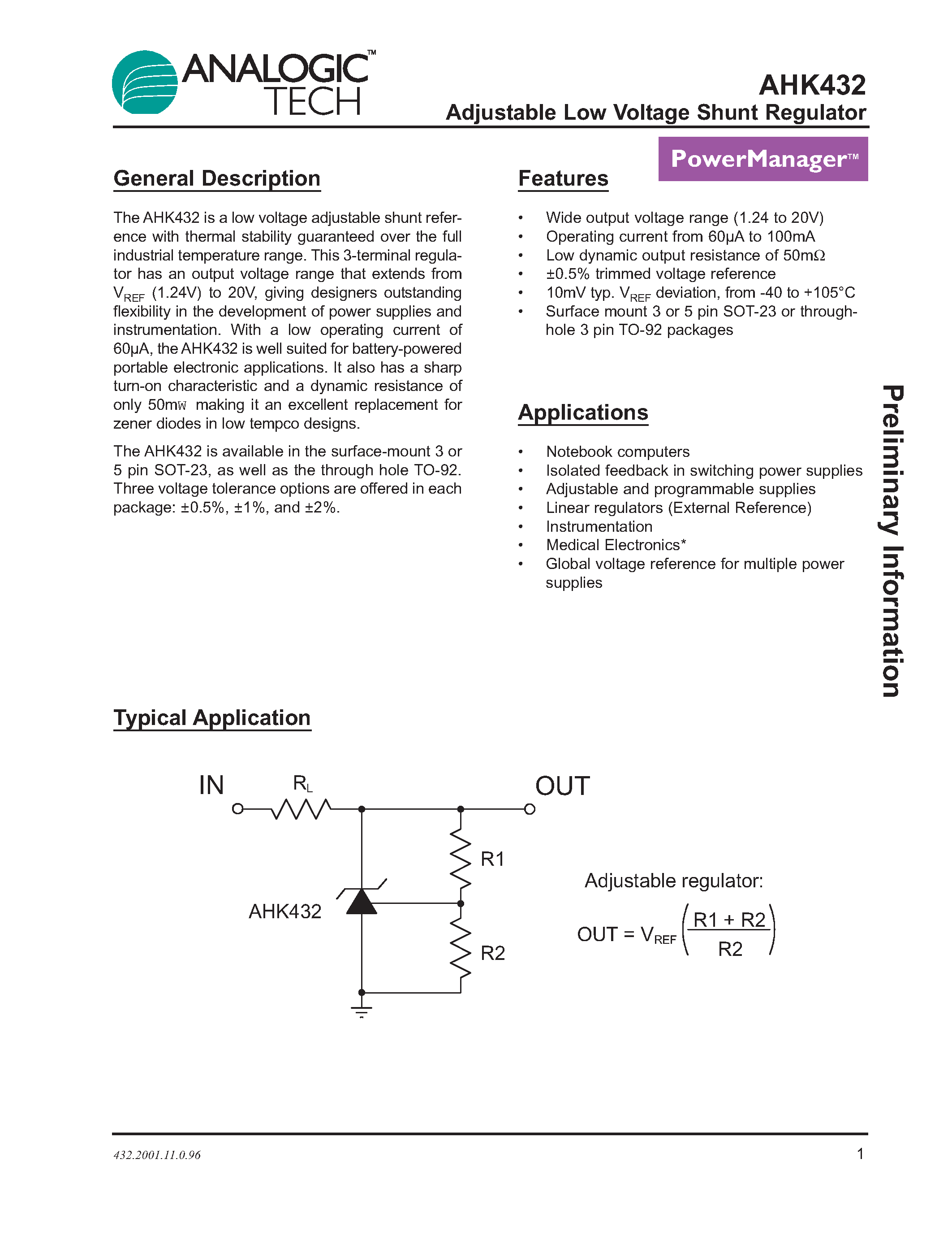 Datasheet AHK432IGV-5-T1 - Adjustable Low Voltage Shunt Regulator page 1