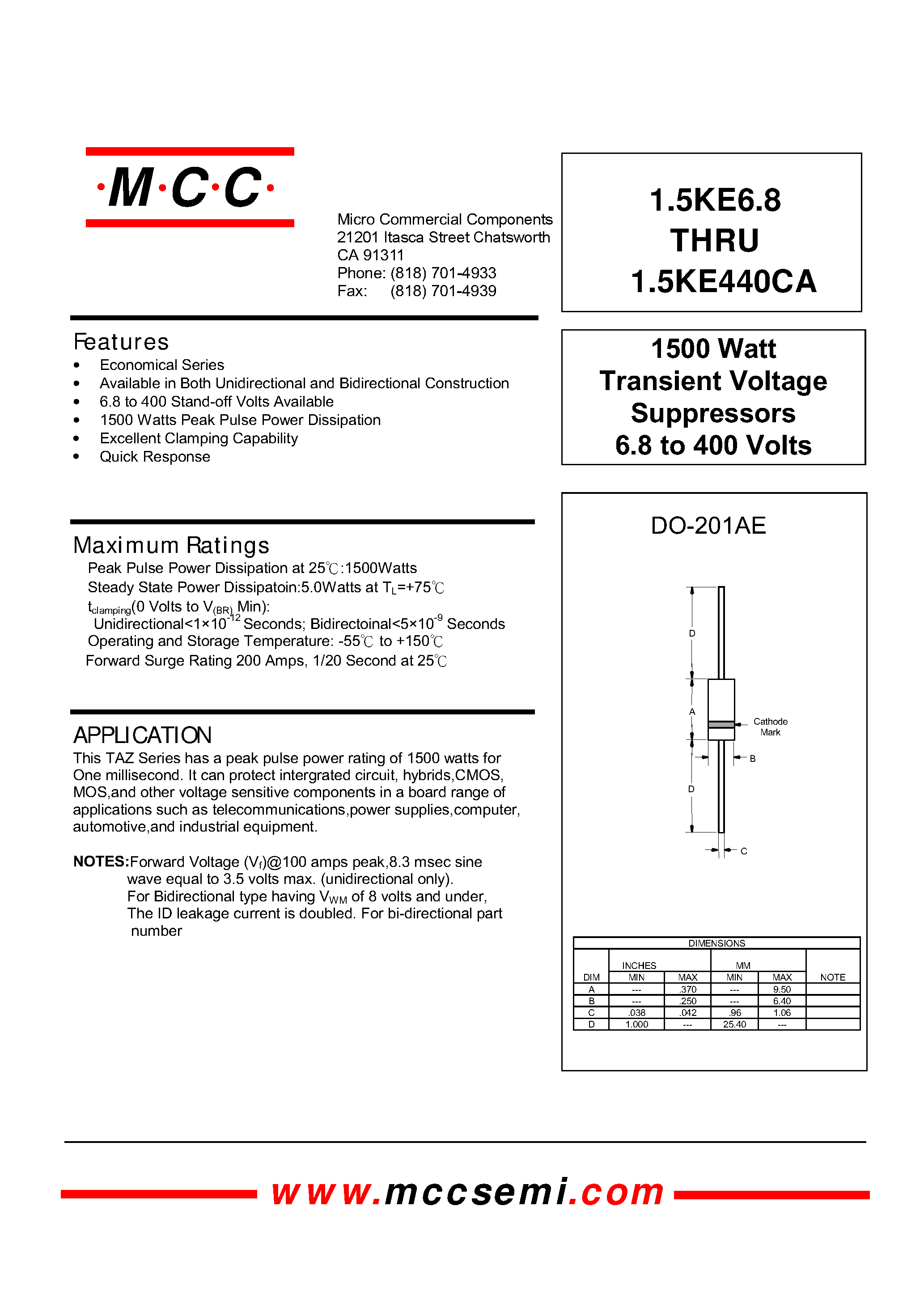 Даташит 1.5KE100C - 1500 Watt Transient Voltage Suppressors 6.8 to 400 Volts страница 1