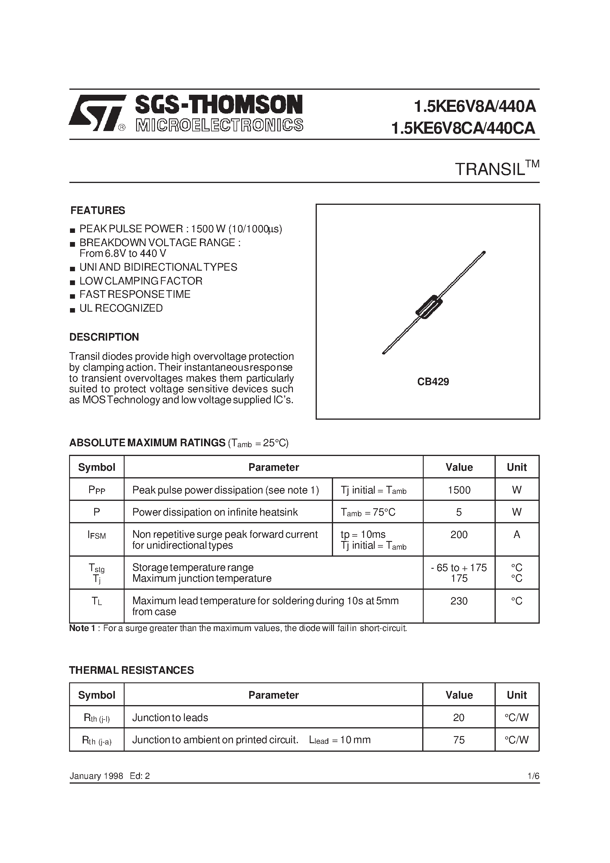 Даташит 1.5KE100CA - TRANSILTM страница 1