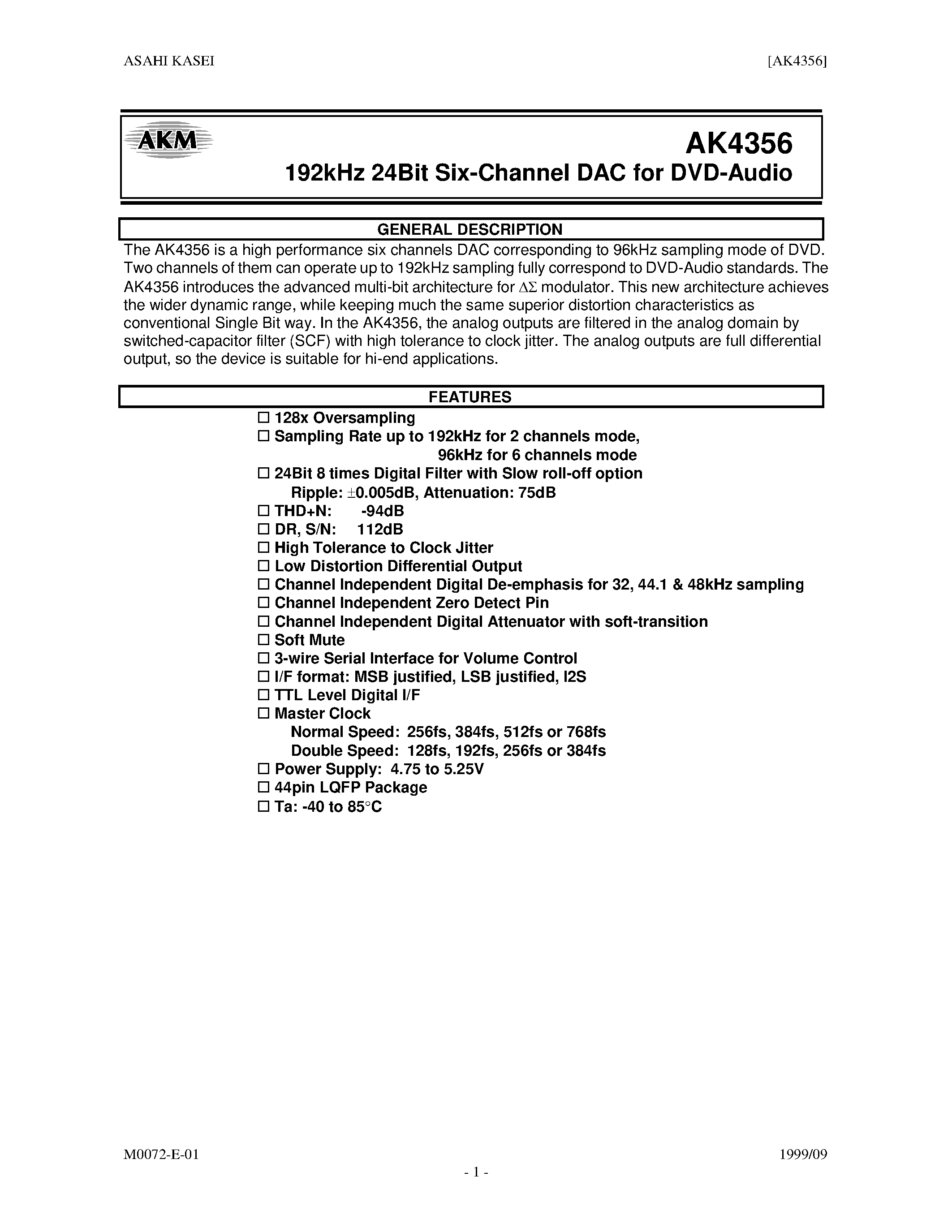 Datasheet AK4356 - EVALUATION BOARD REV.B FOR AK4356 page 1