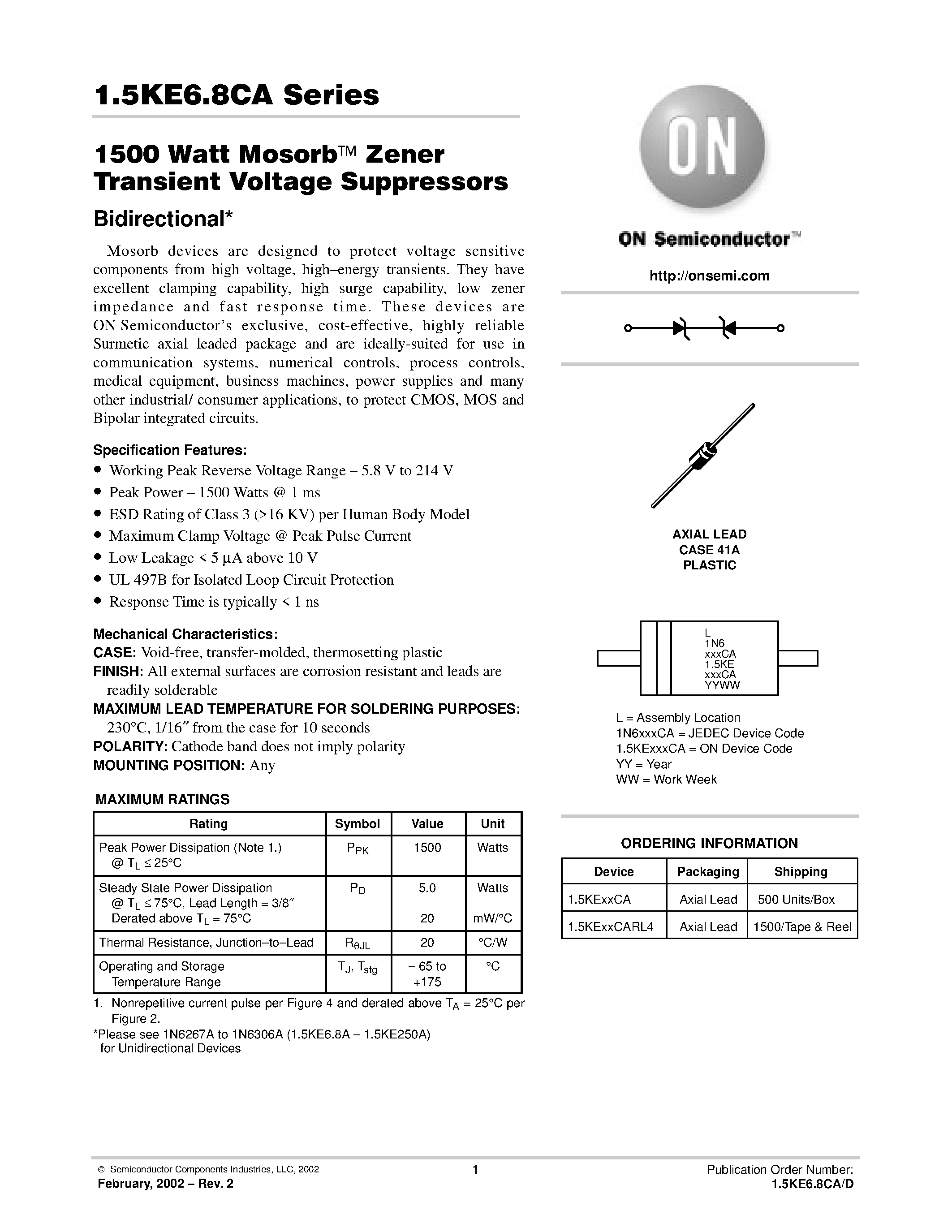 Даташит 1.5KE100CA - 1500 Watt Mosorb Zener Transient Voltage Suppressors страница 1