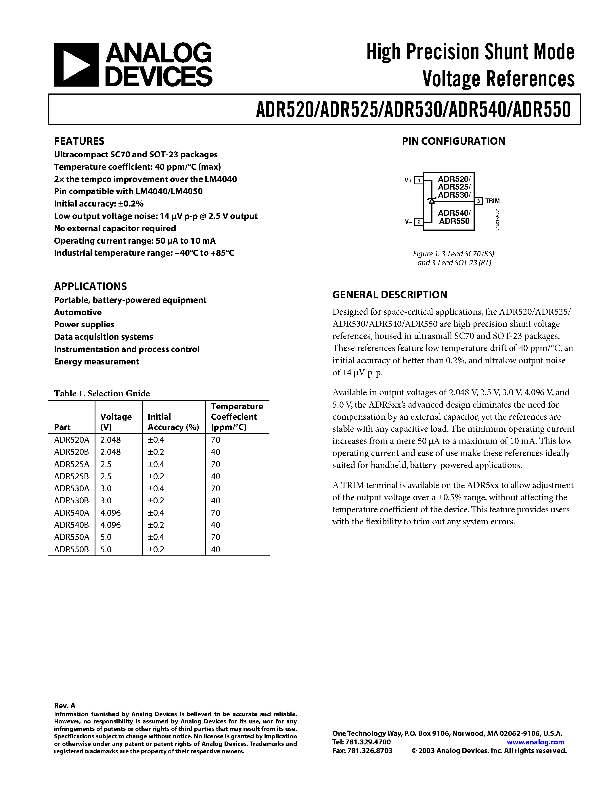 Datasheet ADR525BRT-R2 - High Precision Shunt Mode Voltage References page 1