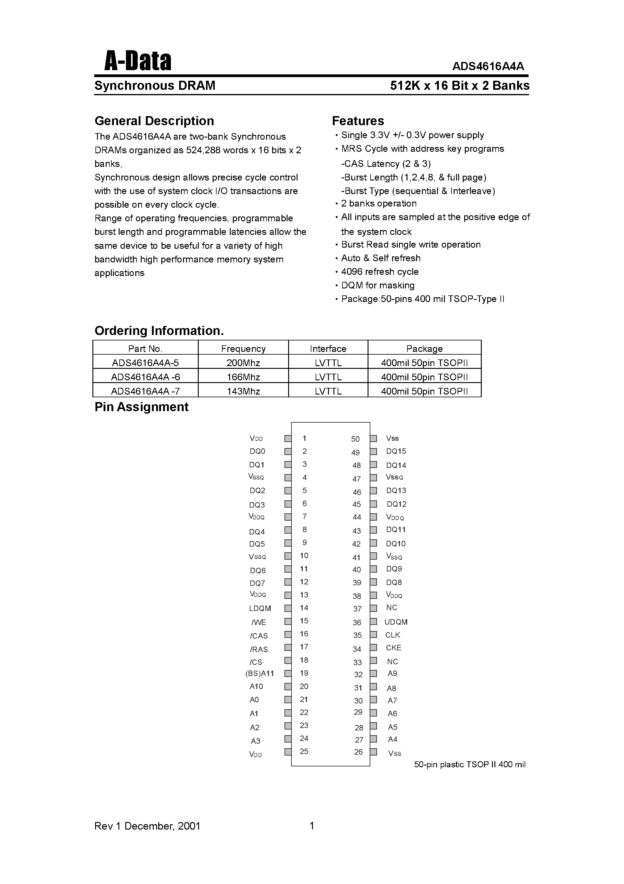 Даташит ADS4616A4A-6 - Synchronous DRAM(512K X 16 Bit X 2 Banks) страница 1