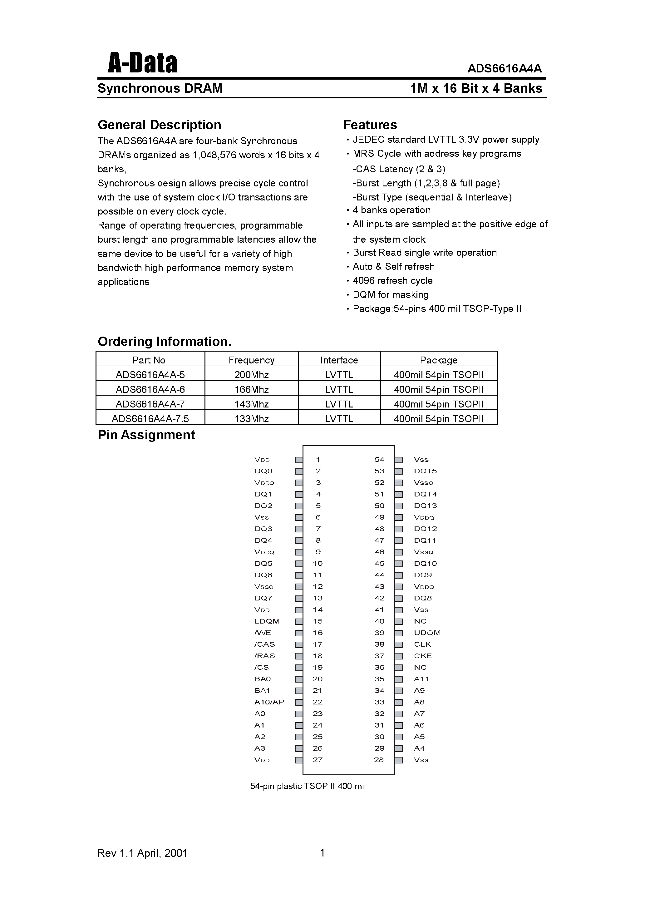 Даташит ADS6616A4A-6 - Synchronous DRAM(1M X 16 Bit X 4 Banks) страница 1