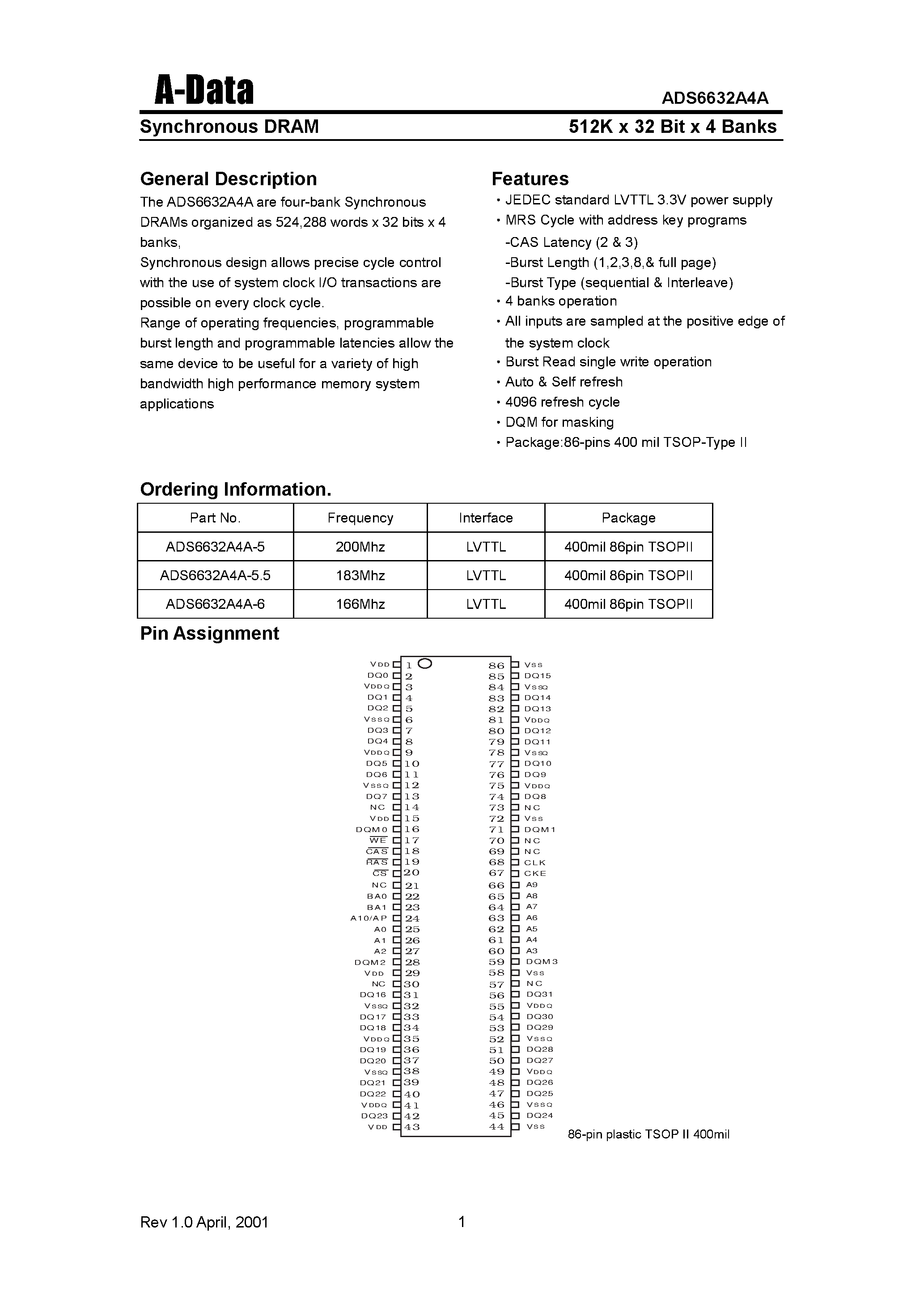 Datasheet ADS6632A4A-5.5 - Synchronous DRAM(512K X 32 Bit X 4 Banks) page 1