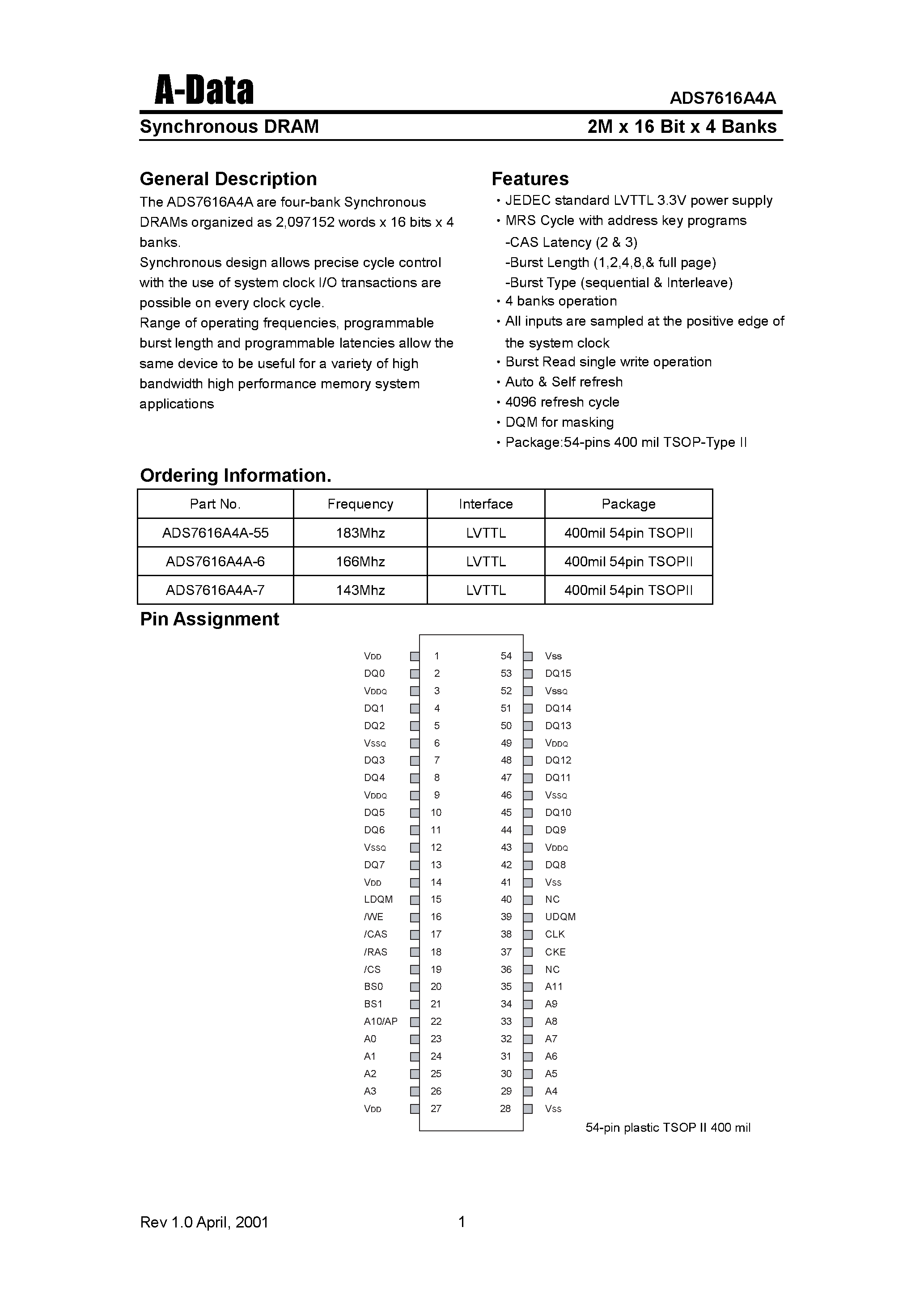 Даташит ADS7616A4A-6 - Synchronous DRAM(2M X 16 Bit X 4 Banks) страница 1