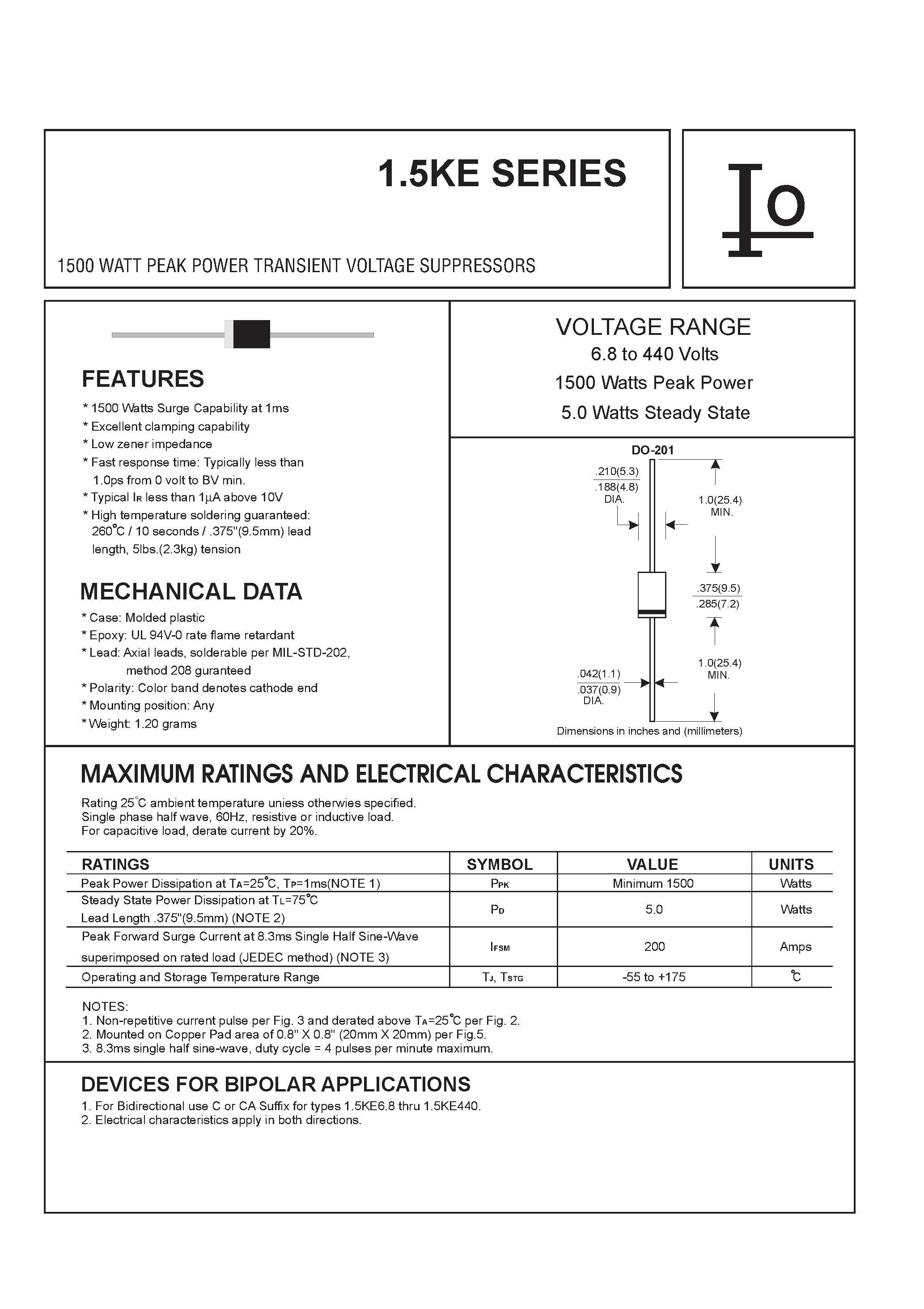 Даташит 1.5KE10A - 1500 WATT PEAK POWER TRANSIENT VOLTAGE SUPPRESSORS страница 1